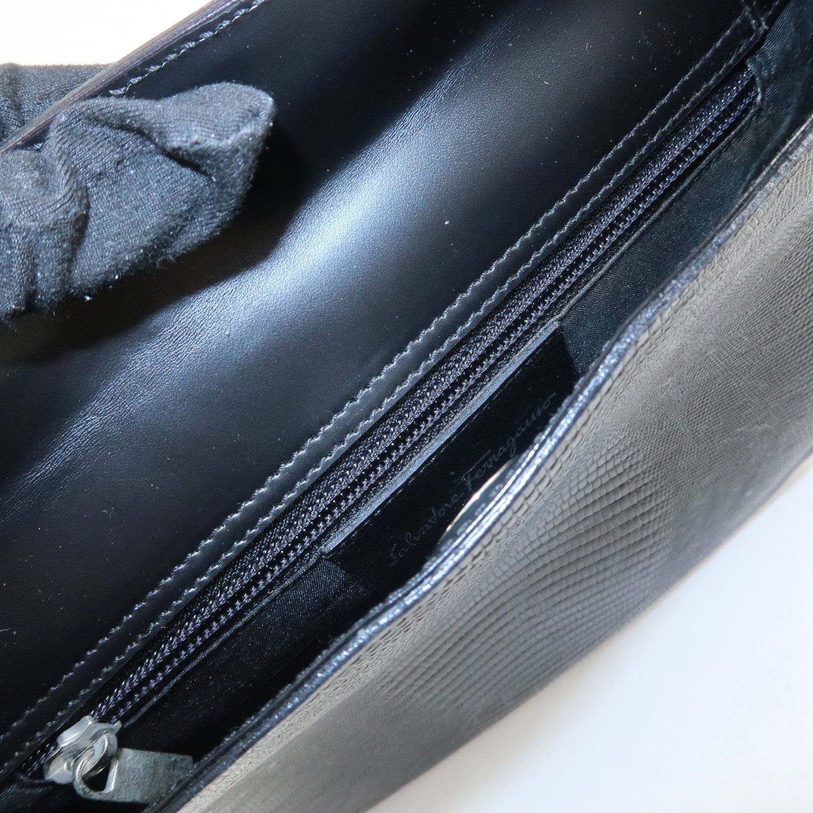 Ferragamo Embossed Leather Shoulder Bag Hand Bag Black