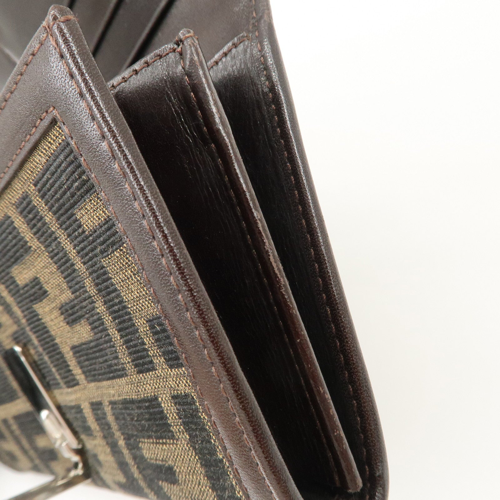 FENDI Zucca Canvas Leather Flap Long Wallet Brown 31084