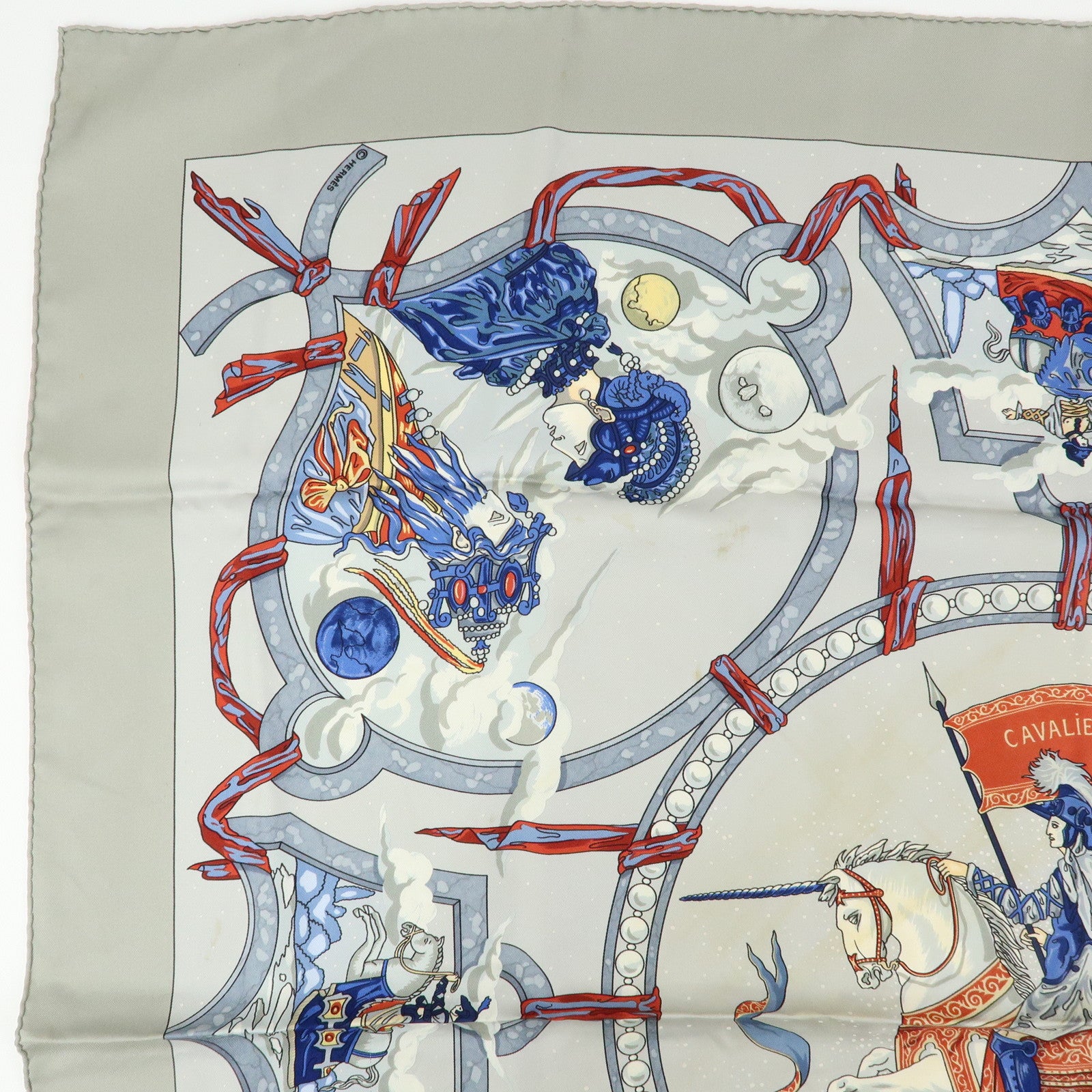 HERMES Carre 90 Silk 100% Scarf CAVALIERS DES NUAGES Gray Blue