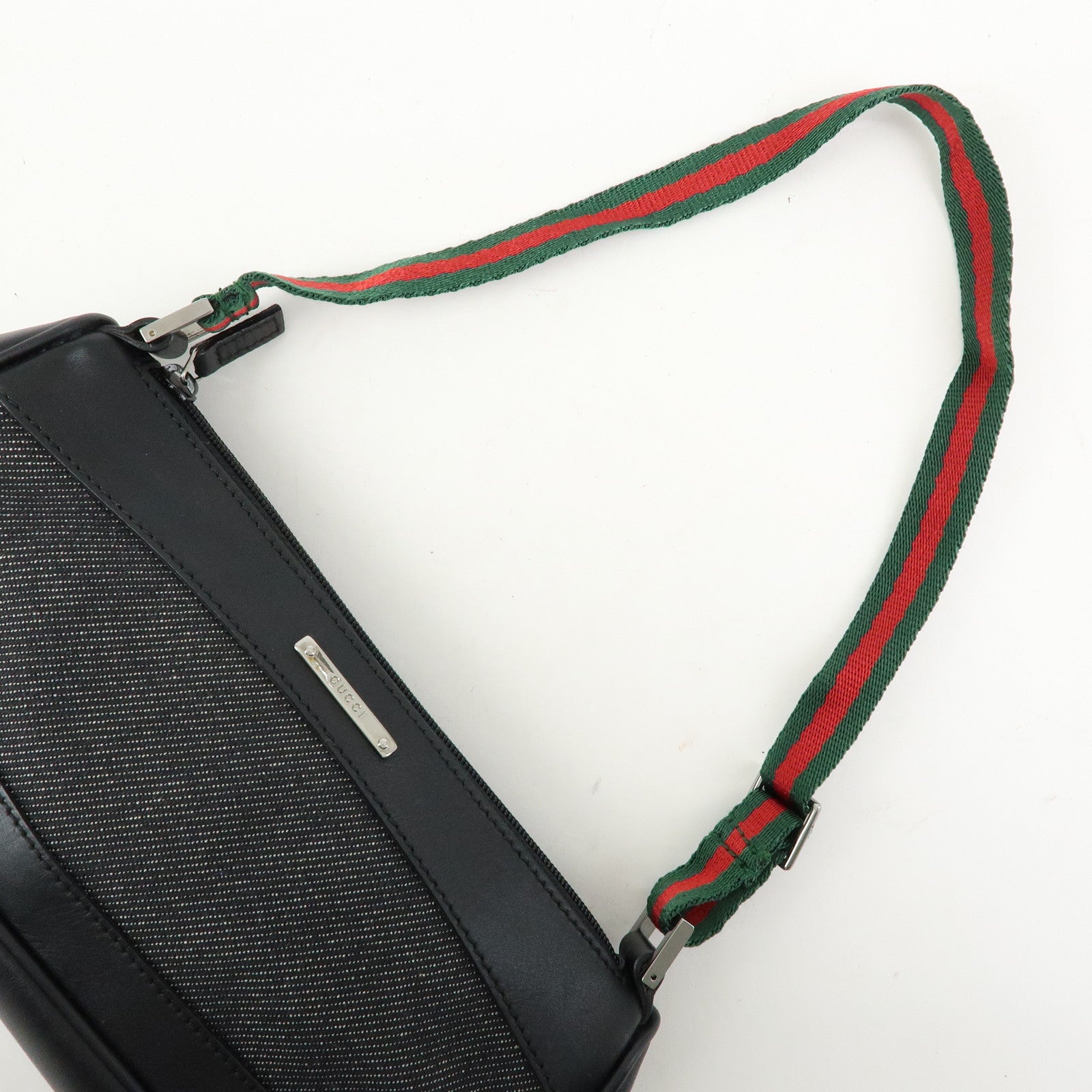 GUCCI Sherry Denim Leather Accessory Pouch Hand Bag Black 92820