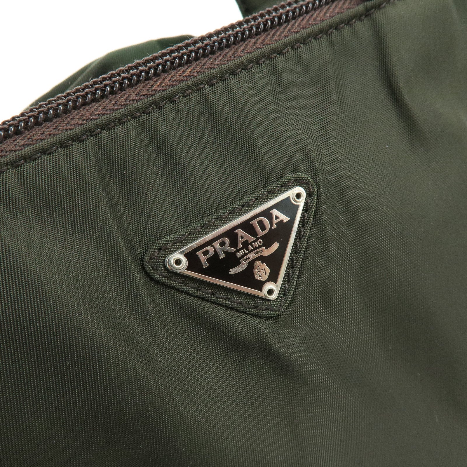 PRADA Triangle Logo Nylon Leather Hand Bag Cosmetic Case Khaki