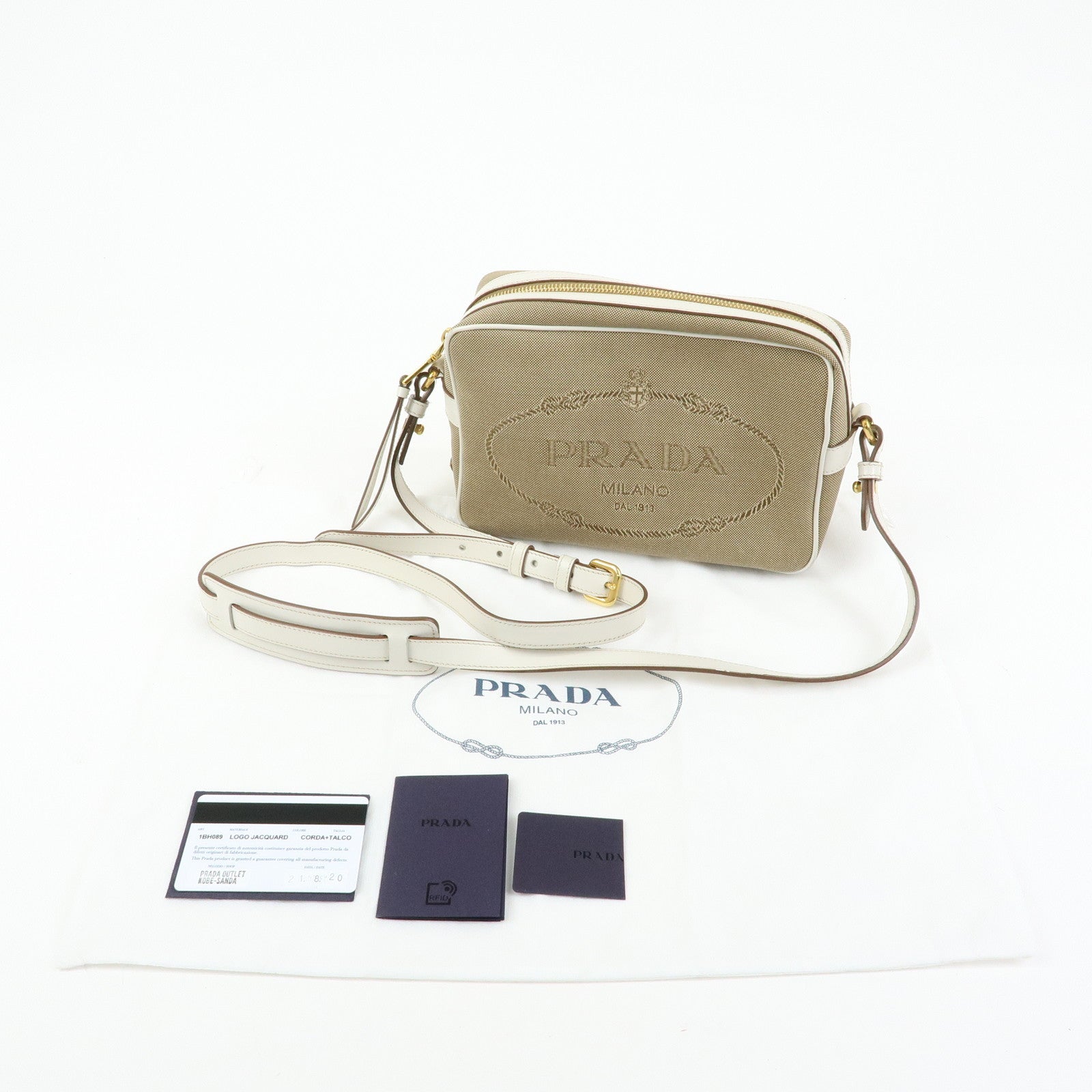 PRADA Logo Jacquard Leather Shoulder Bag Beige White 1BH089