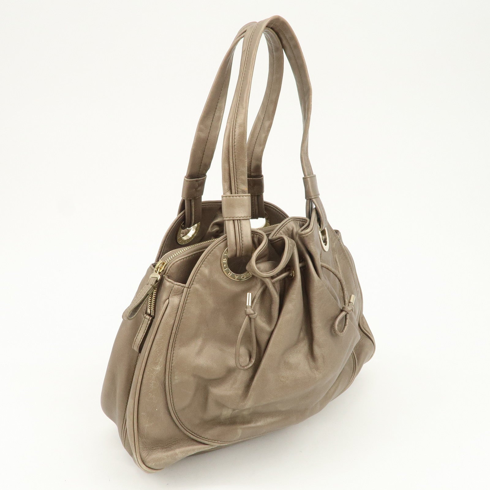 BVLGARI Logo Leather Hand Bag Shoulder Bag Bronze