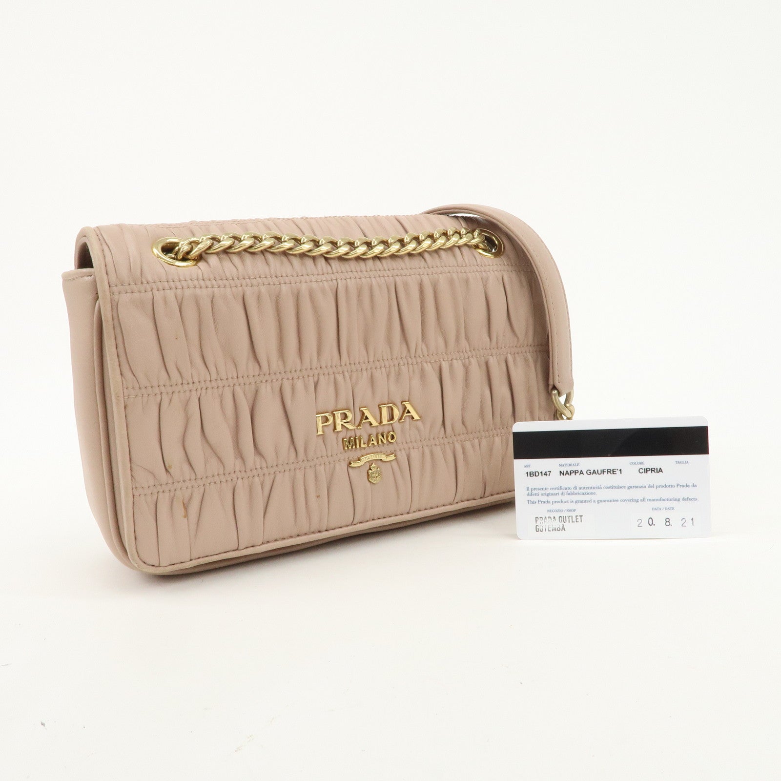 PRADA Logo Leather Gathered Chain Shoulder Bag Pink Beige 1BD147