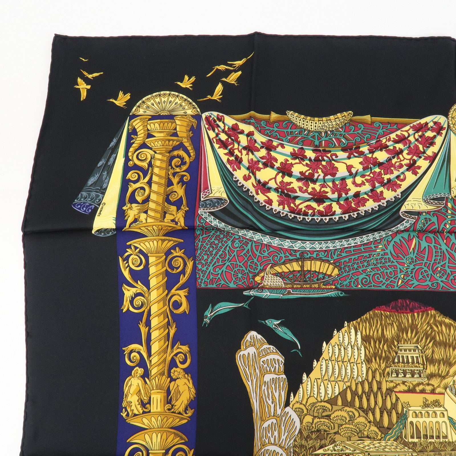HERMES Carre 90 Silk 100% Scarf Black Yellow Used