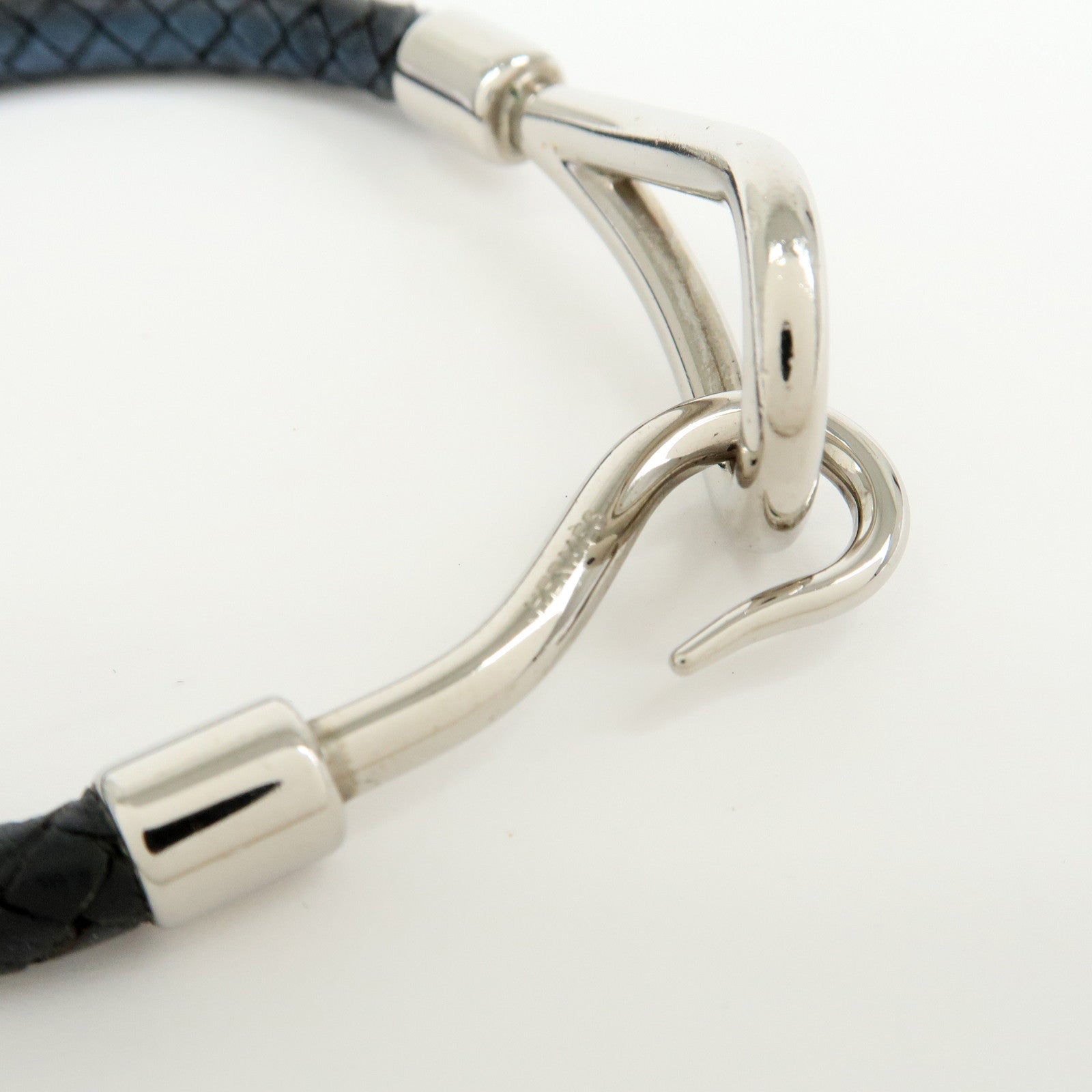HERMES Leather Metal Jumbo Choker Bracelet Black Silver