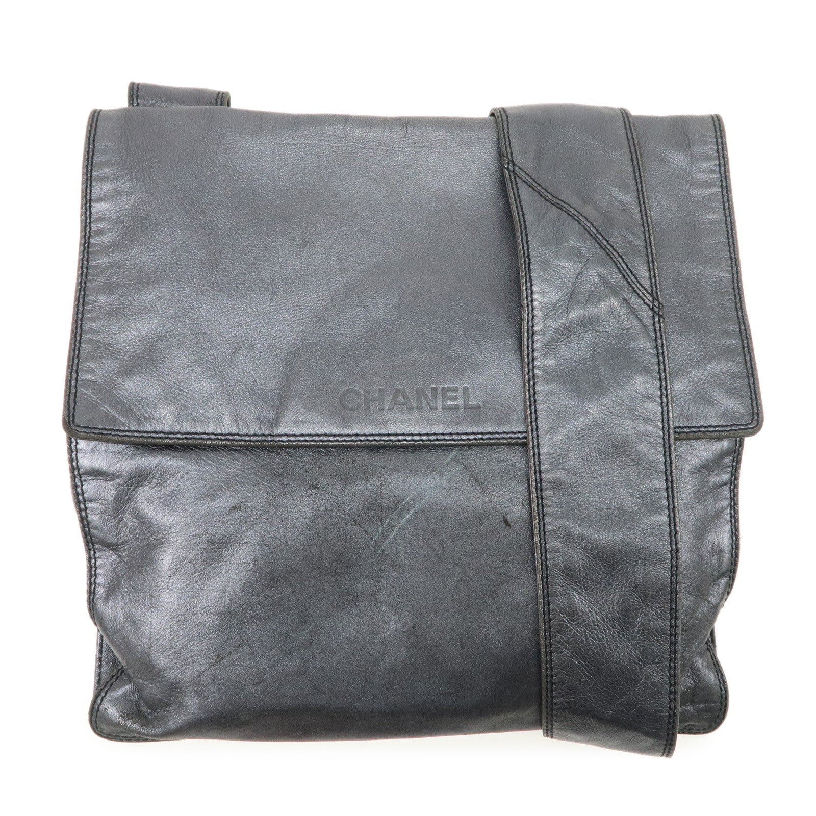CHANEL Leather Shoulder Bag Crossbody Bag Metallic Blue