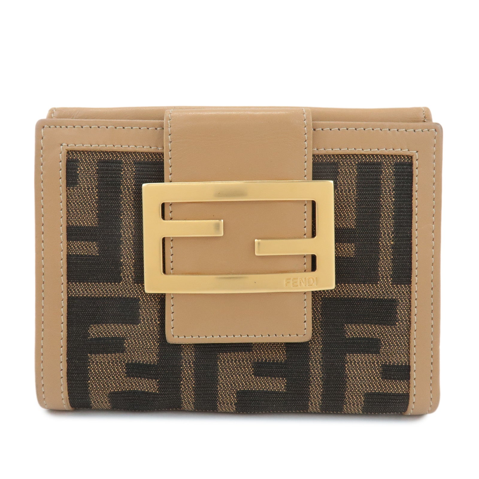 FENDI Zucca Leather Canvas Double Hook Bi Fold Wallet Beige 8M0035 Used