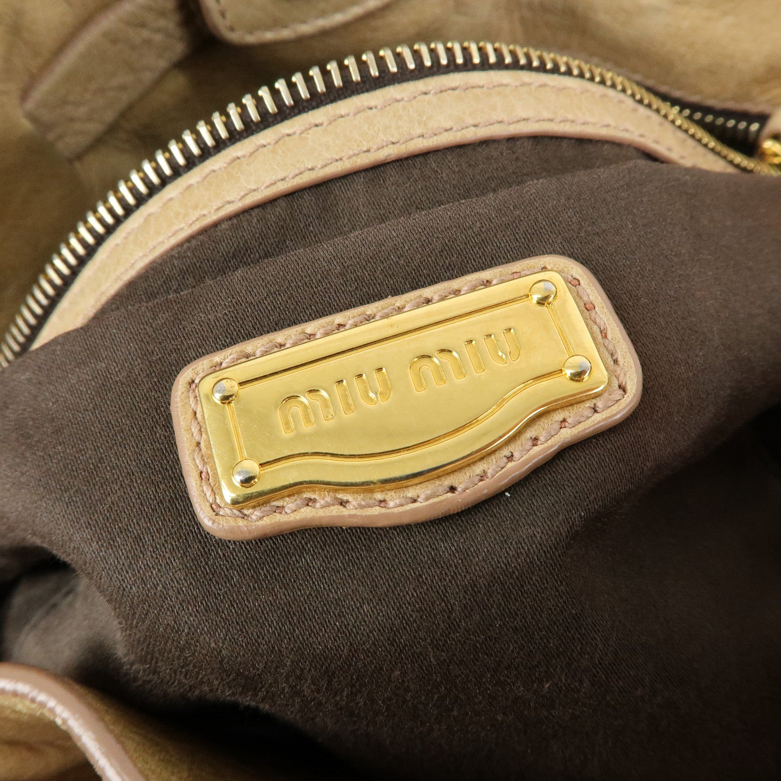 MIU MIU Logo Side Ribbon Leather Shoulder Bag Tote Bag Beige