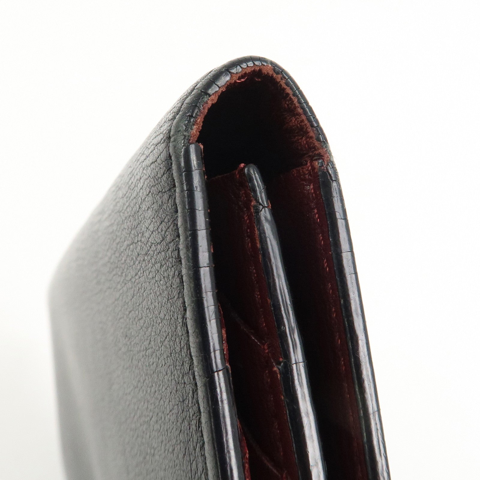 Cartier Leather Bi-fold Long Wallet Silver HDW Black Bordeaux Used