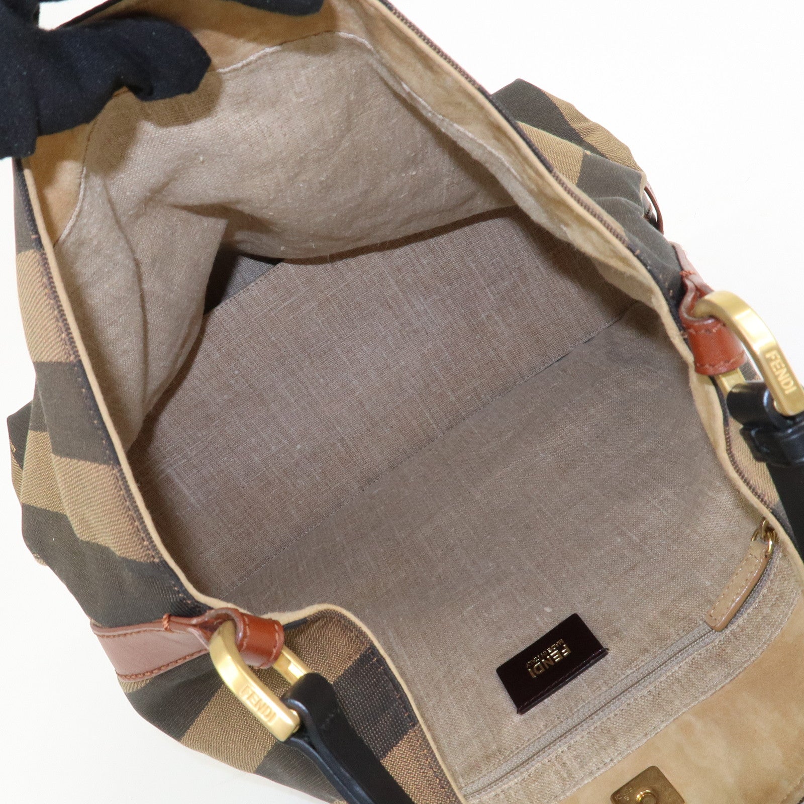 FENDI Pequin Canvas Leather Shoulder Bag Hand Bag Brown 8BR653