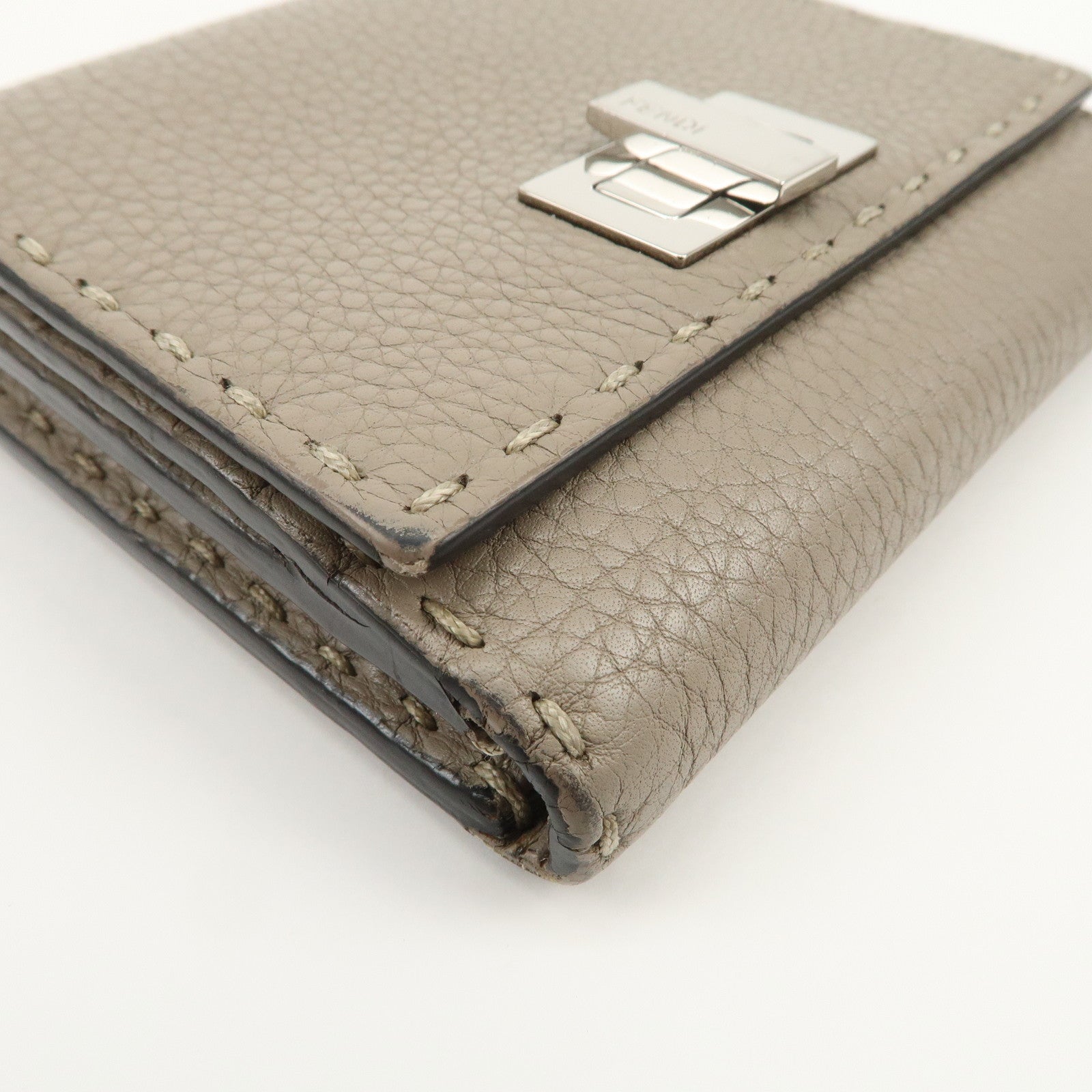 FENDI Logo Leather Compact Wallet Greige