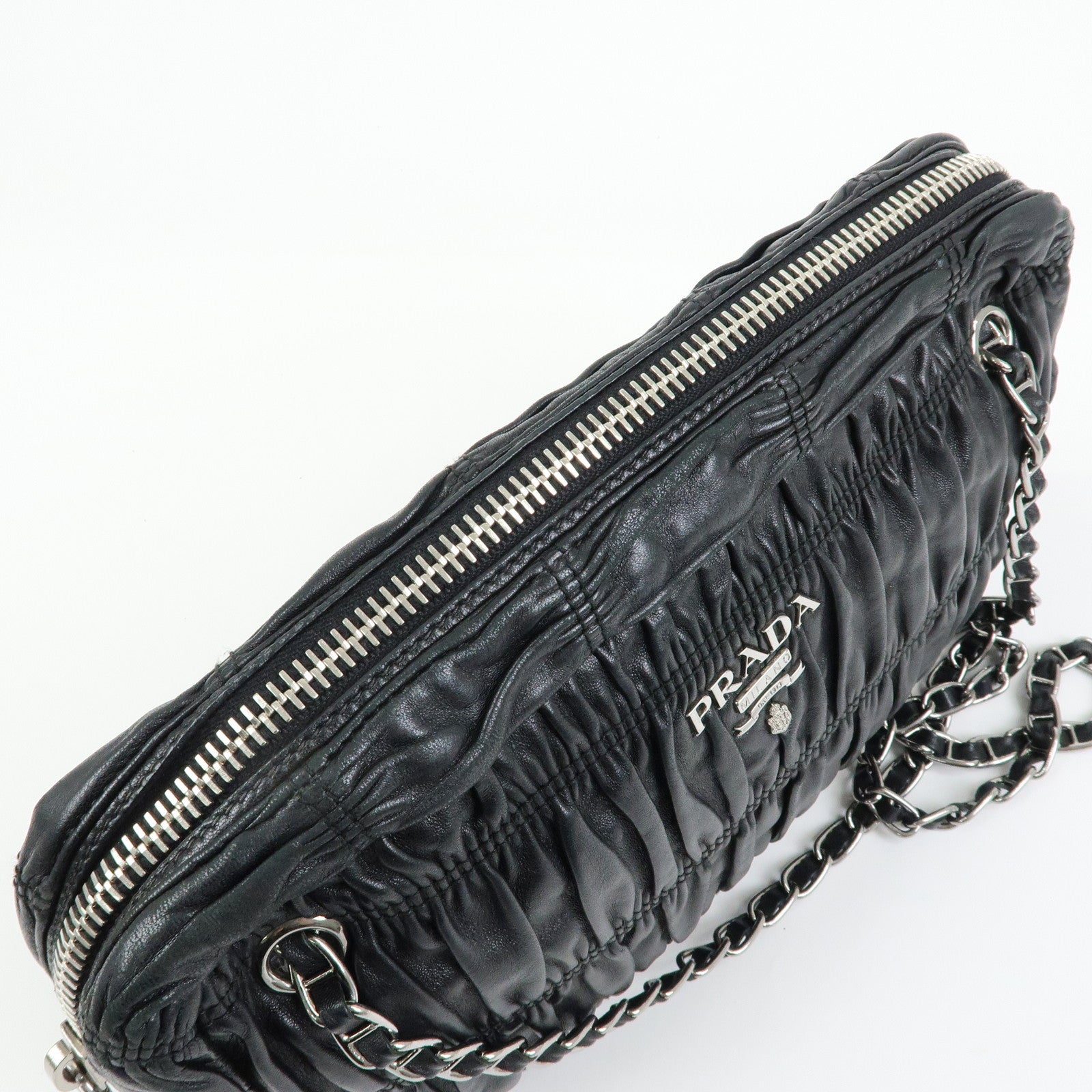PRADA Logo Nappa Leather Gathered Chain Shoulder Bag Black