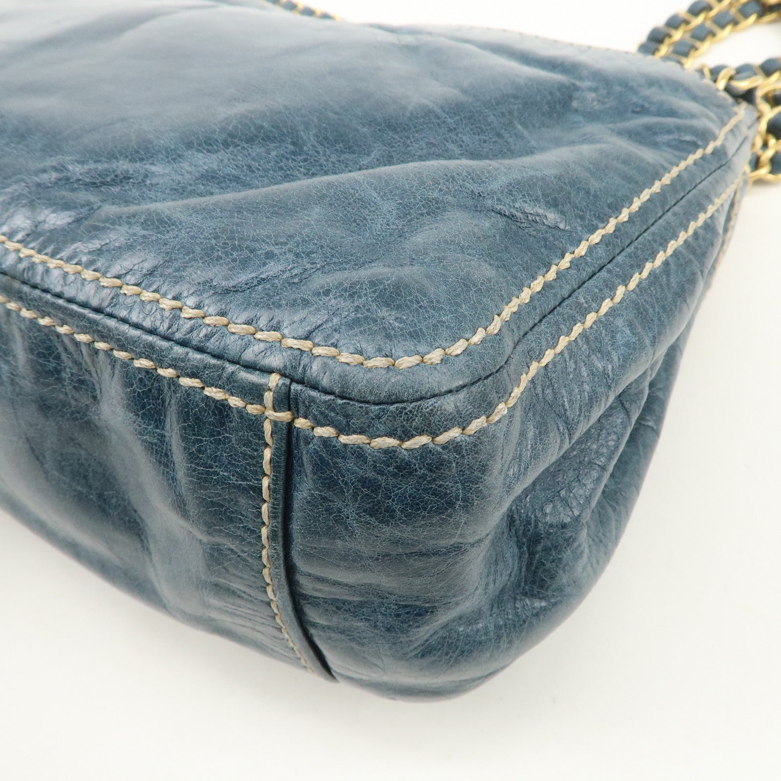 PRADA Leather Chain Shoulder Bag Blue Gold Hardware BR4659 Used