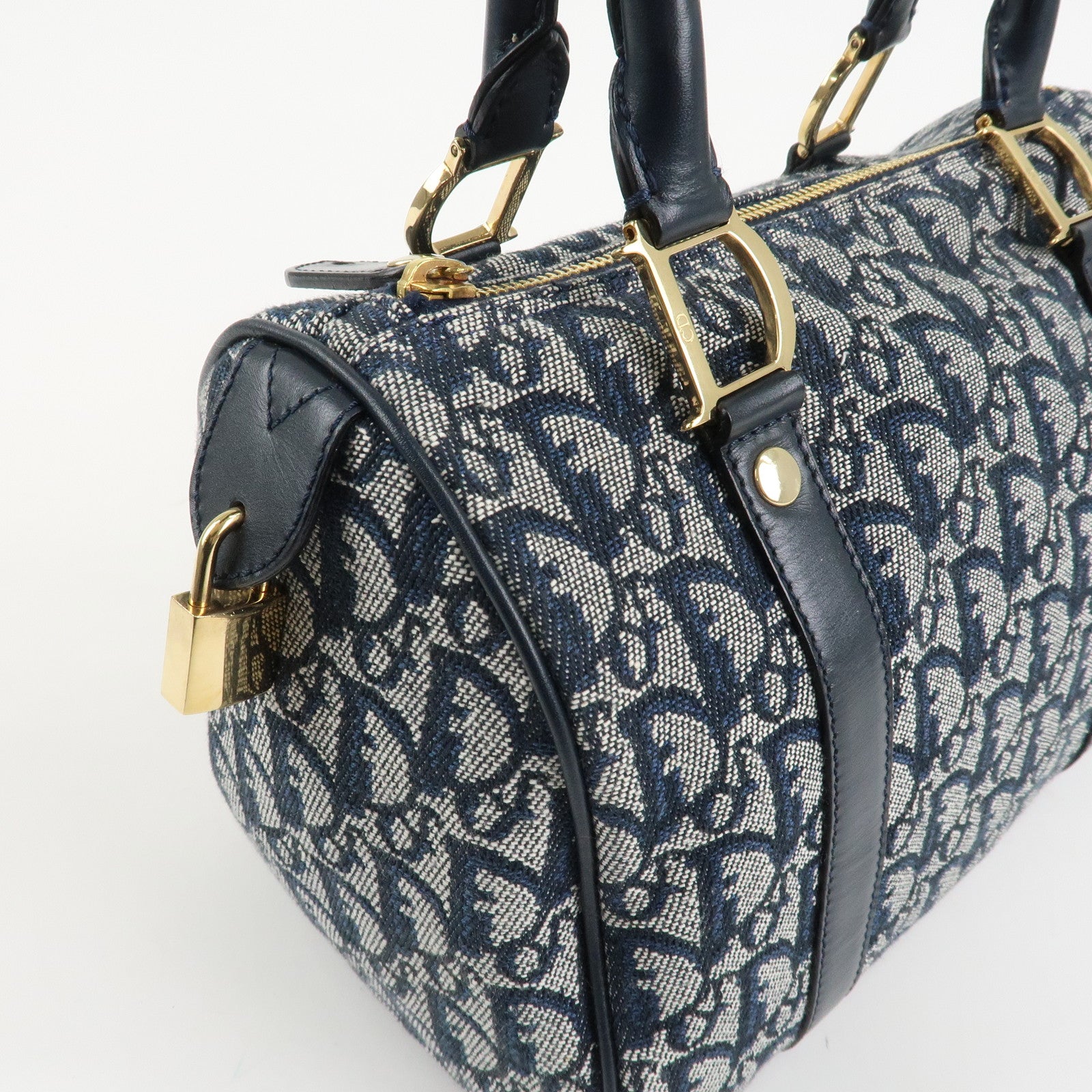 Christian Dior Trotter Leather Canvas Boston Bag Navy White Used