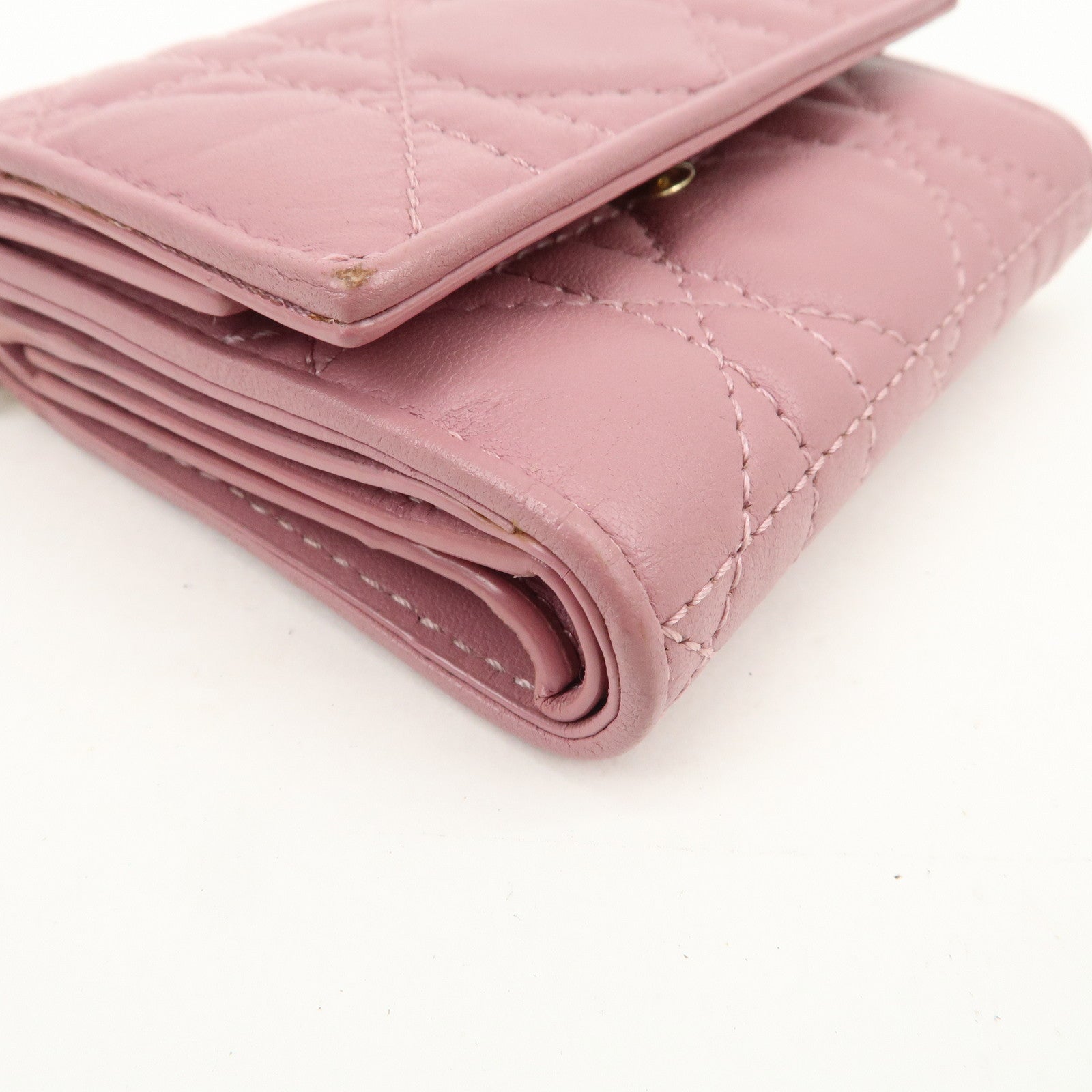 Christian Dior Cannage Leather Tri-fold Compact Wallet Pink