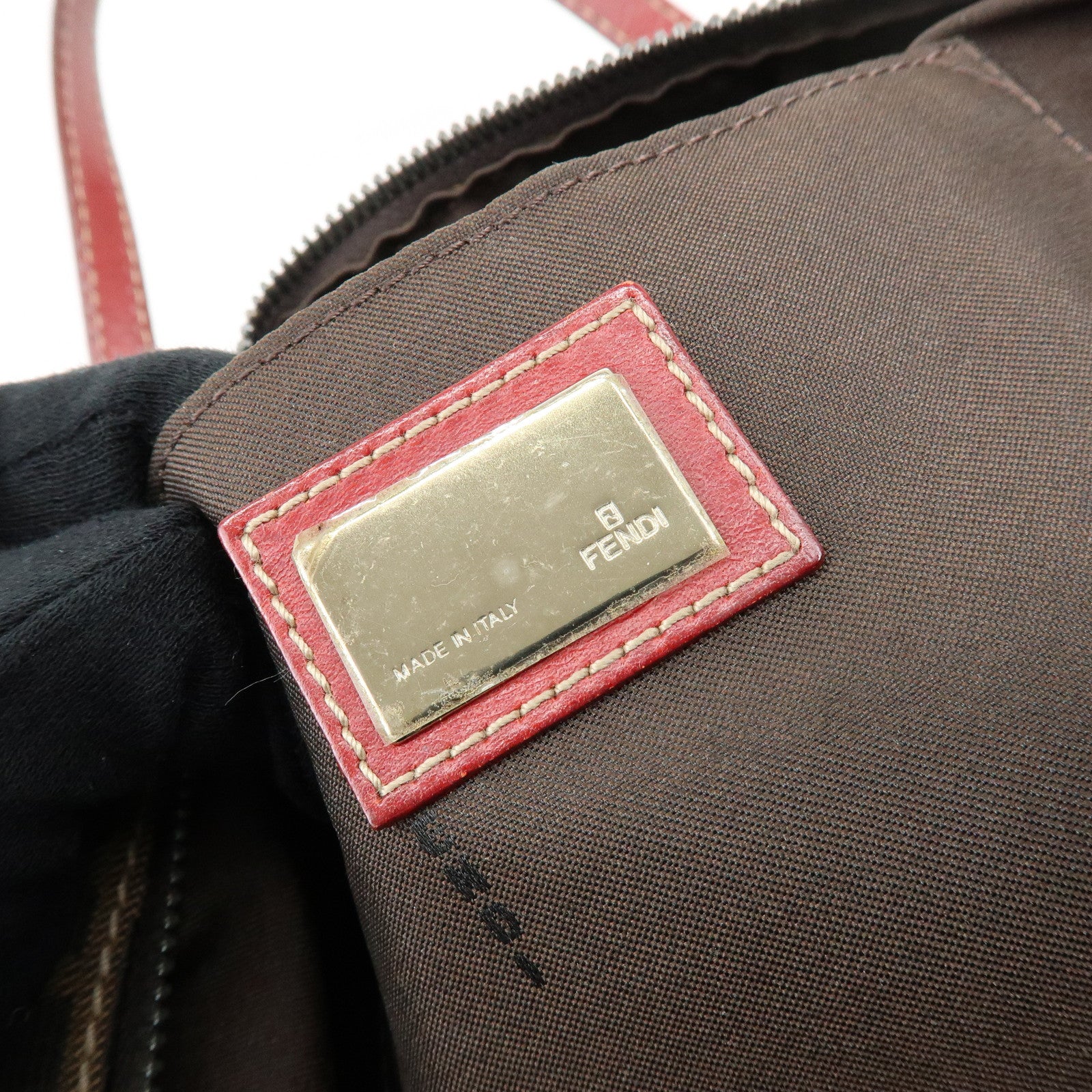FENDI Zucca Canvas Leather Mini Boston Hand Bag Brown Red 8BR119