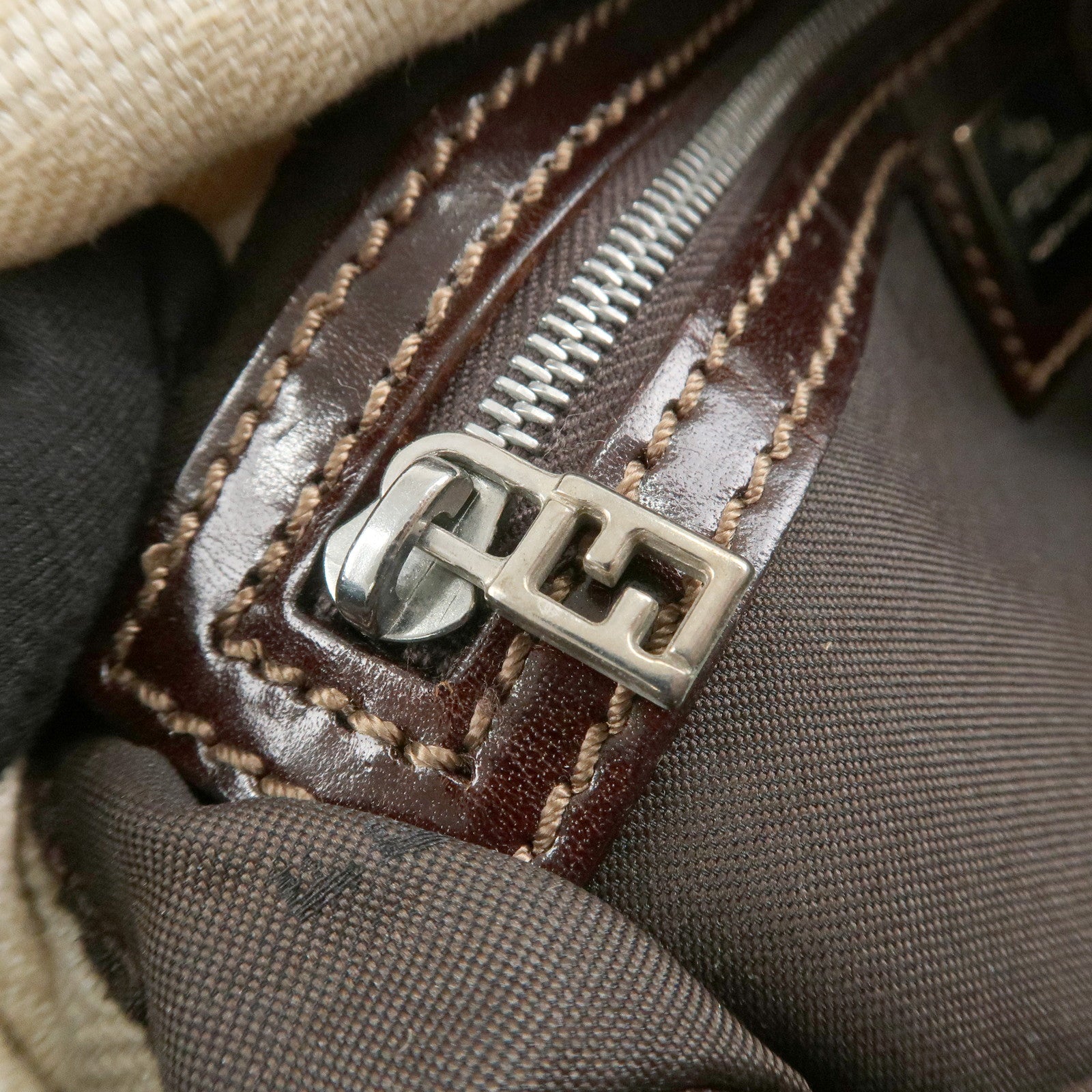 FENDI Mamma Baguette Zucca Leather Canvas Hand Bag Beige Brown 26424 Used