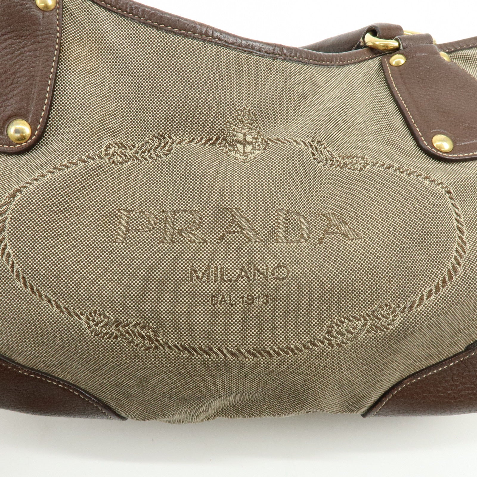 PRADA Logo Jacquard Leather Tote Bag Hand Bag Beige Brown