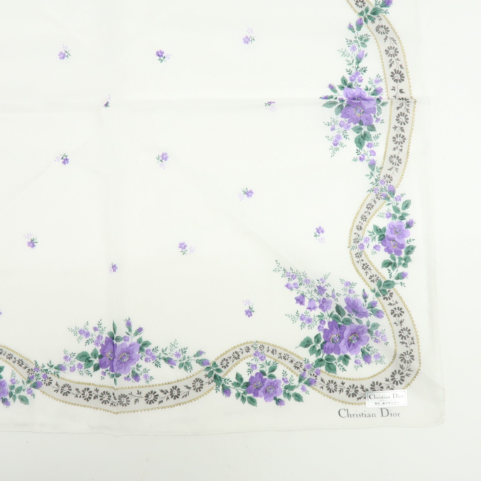 Christian Dior Set of 3 Cotton Handkerchief Flower White Purple