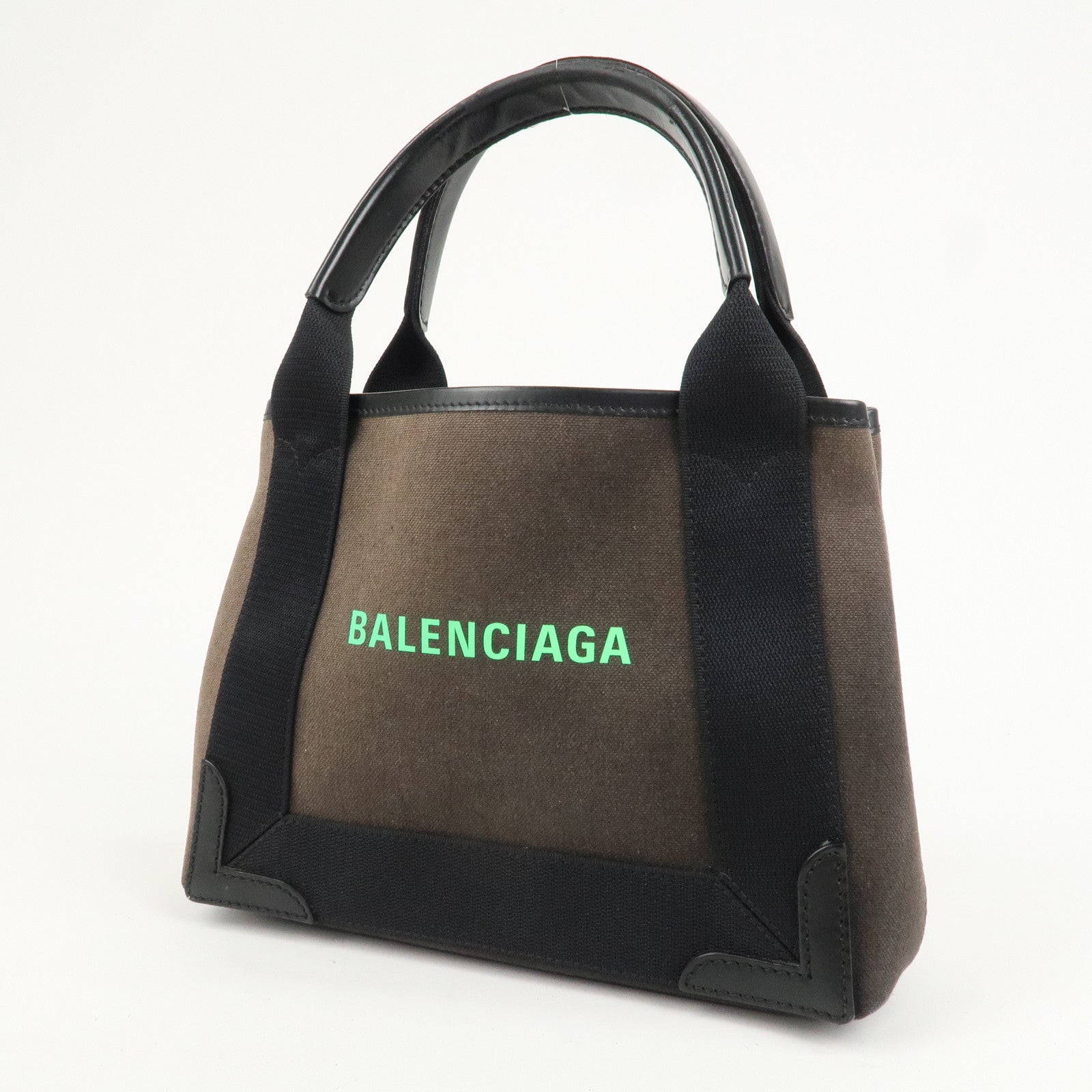 BALENCIAGA Canvas Leather Navy Cabas XS Hand Bag Brown 390346