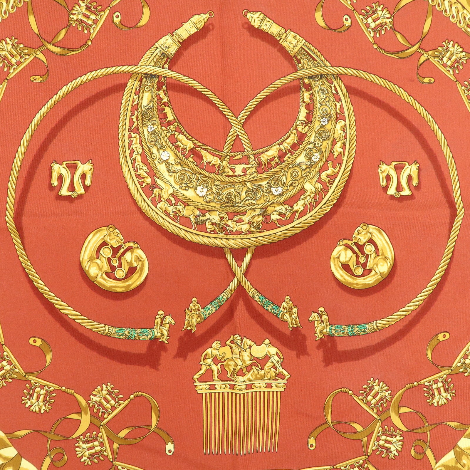 HERMES Carre 45 Silk 100% Scarf LES CAVALIERS D'OR Knight Motif Red