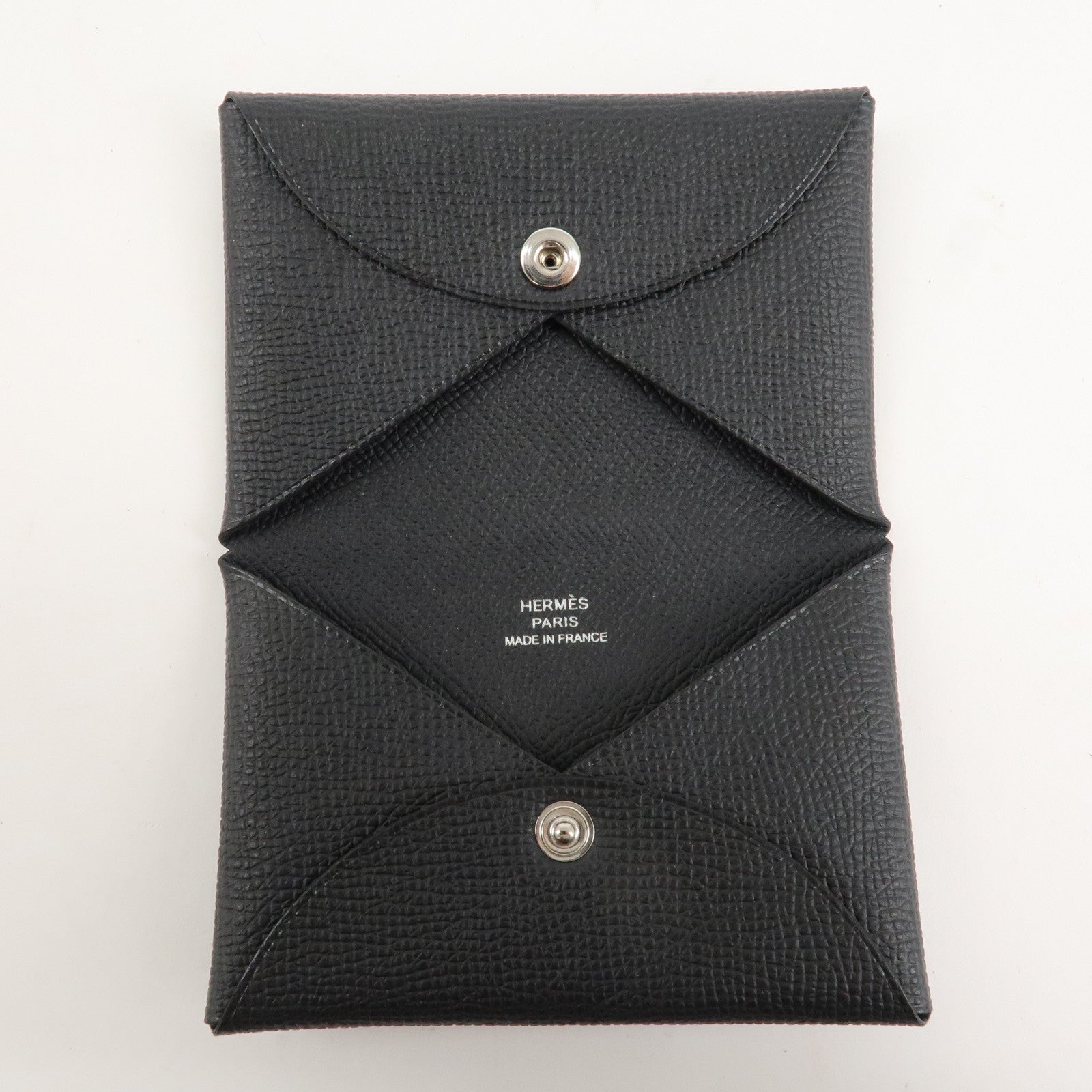 HERMES Epsom Leather CALVI Card Case Noir Black Used