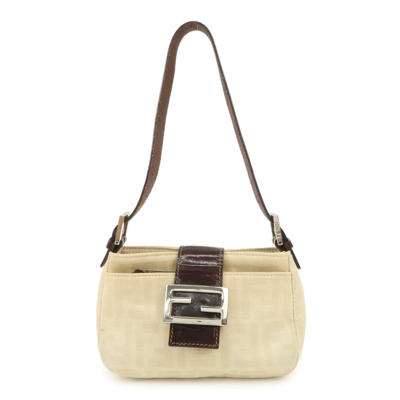 FENDI Zucca Canvas Leather Shoulder Bag Beige Brown 26723