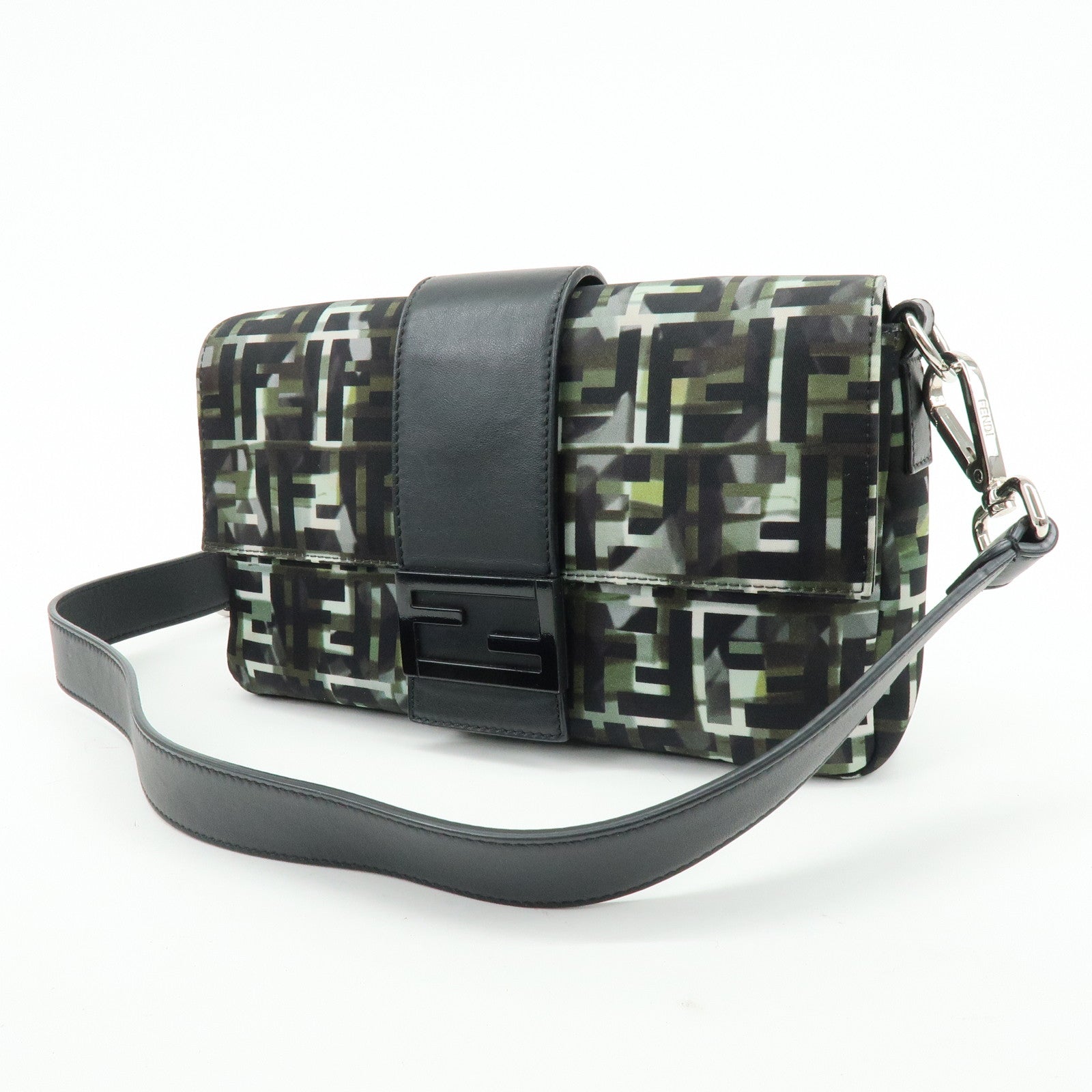 FENDI Zucca Nylon Leather Shoulder Bag Waist Bag Black Green 7VA472