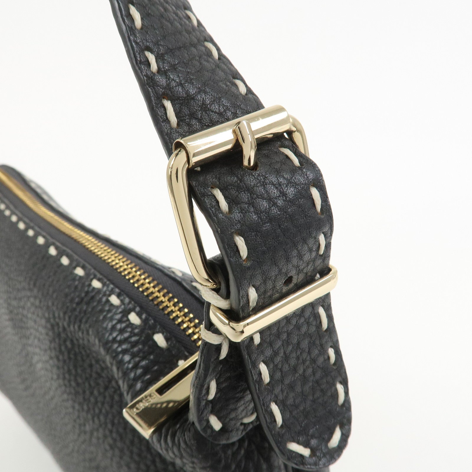FENDI Selleria Logo Leather Shoulder Bag Hand Bag Black