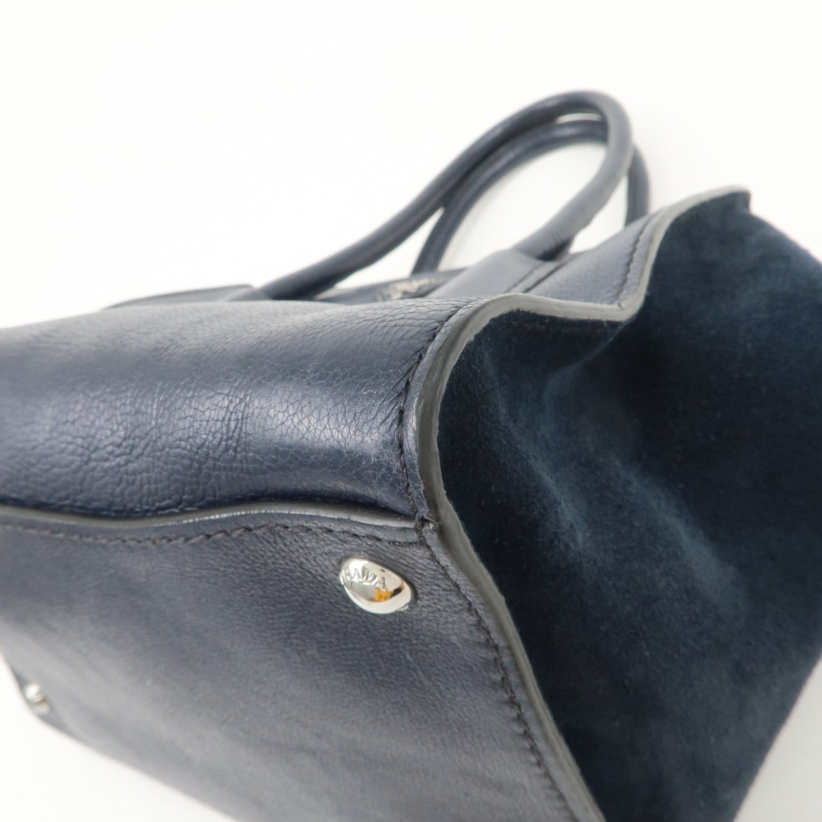 PRADA Triangle Logo Leather 2Way Bag Tote Bag Hand Bag Navy B2625M