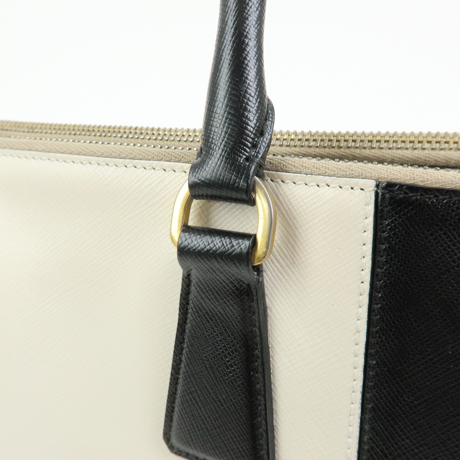 PRADA Triangle Logo Saffiano Leather Hand Bag Tote Bag Ivory Black