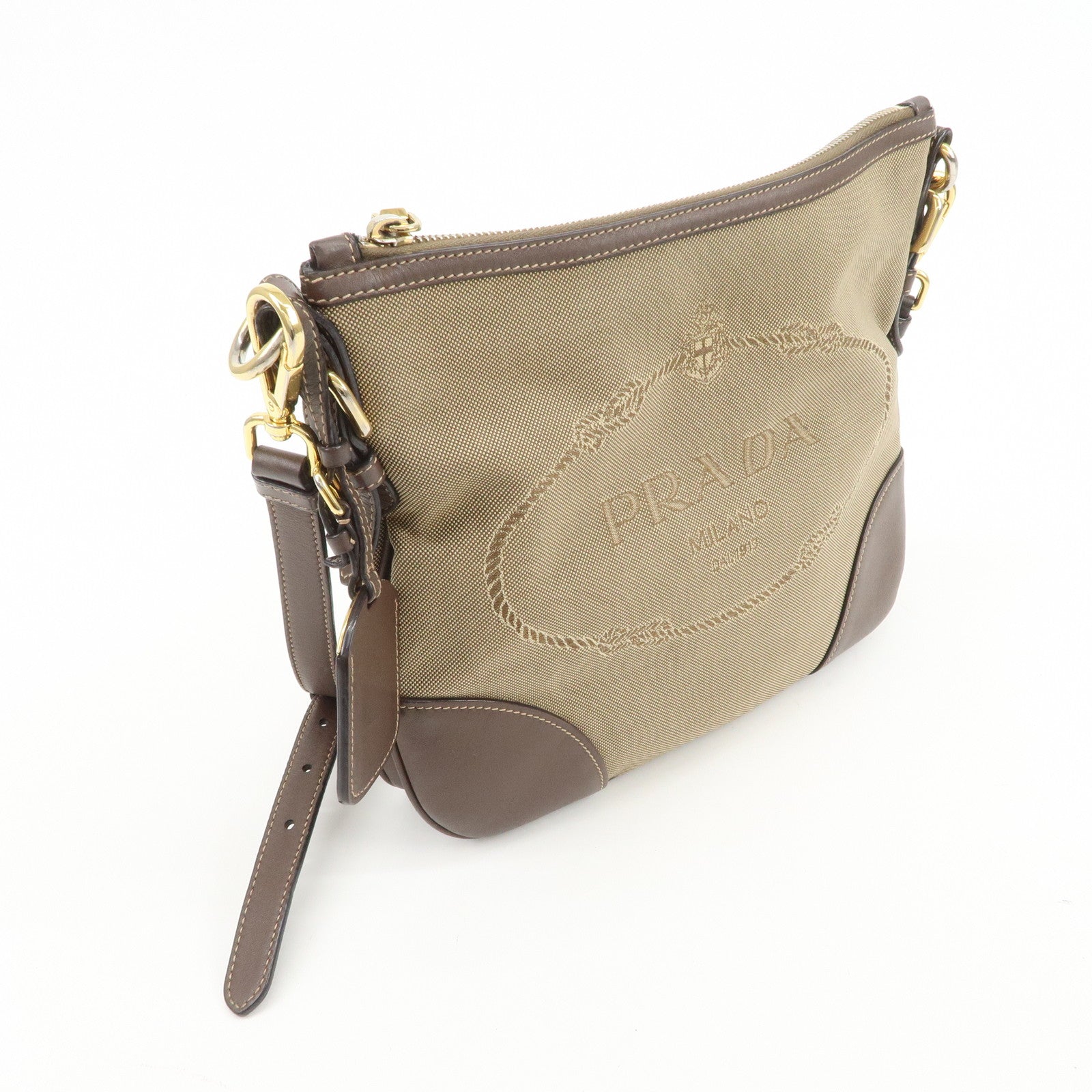 PRADA Logo Jacquard Leather Shoulder Bag Beige Brown BT867A