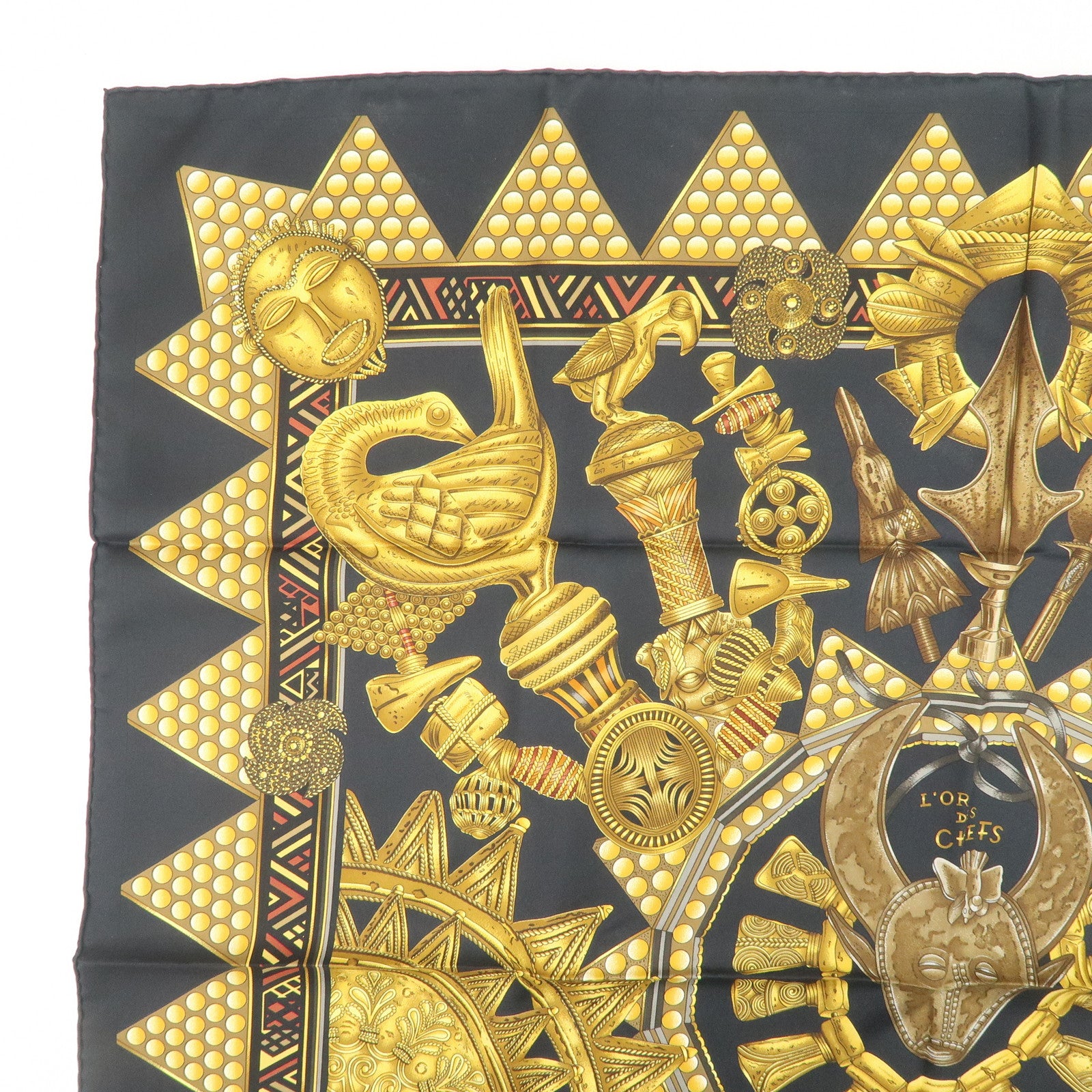 HERMES Carre 90 Silk 100% Scarf L'OR DES CHEFS Black Yellow