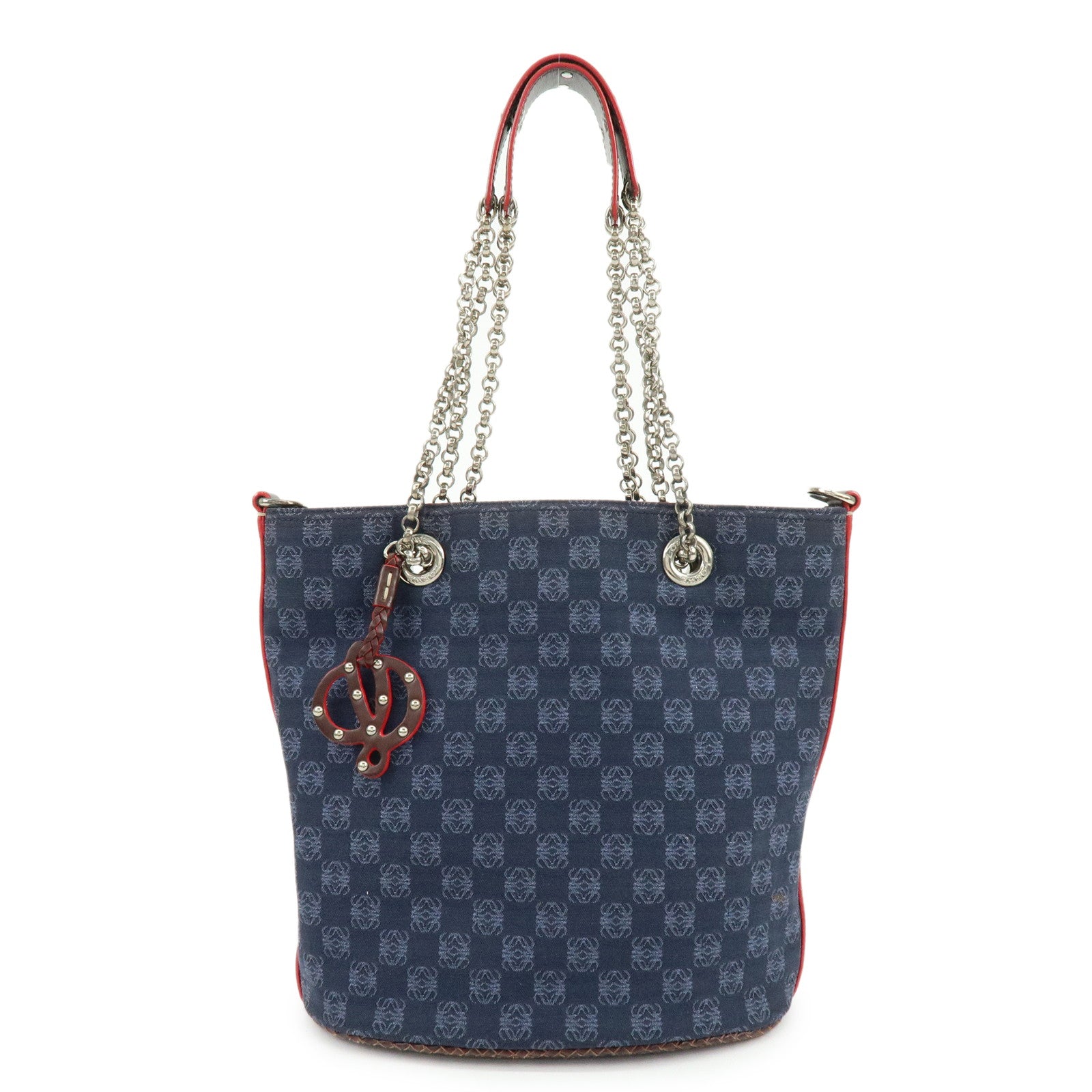 LOEWE Repeat Anagram Canvas Leather Shoulder Bag Blue Brown