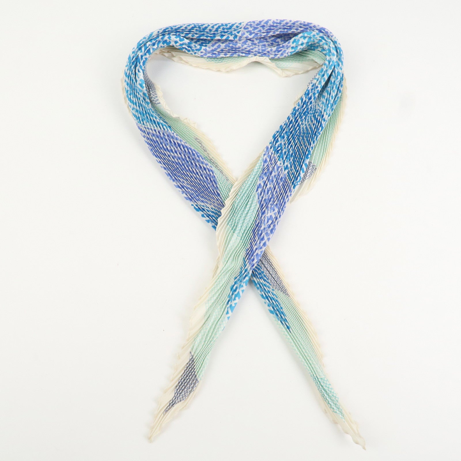 HERMES Pleated Carré Scarf Silk 100% H Logo Blue