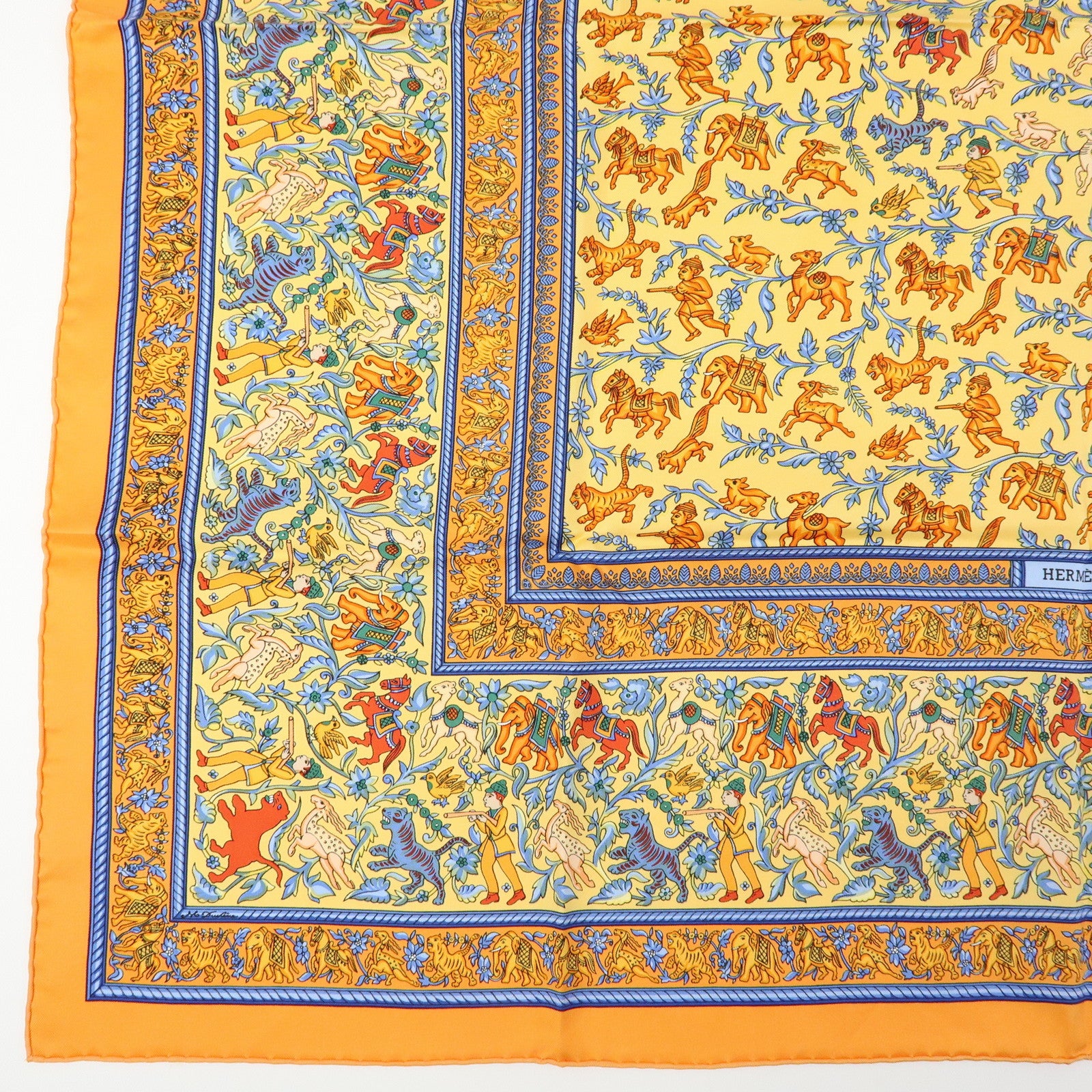 HERMES Carre 90 Silk 100% Scarf CHASSE EN INDE Orange Multicolor