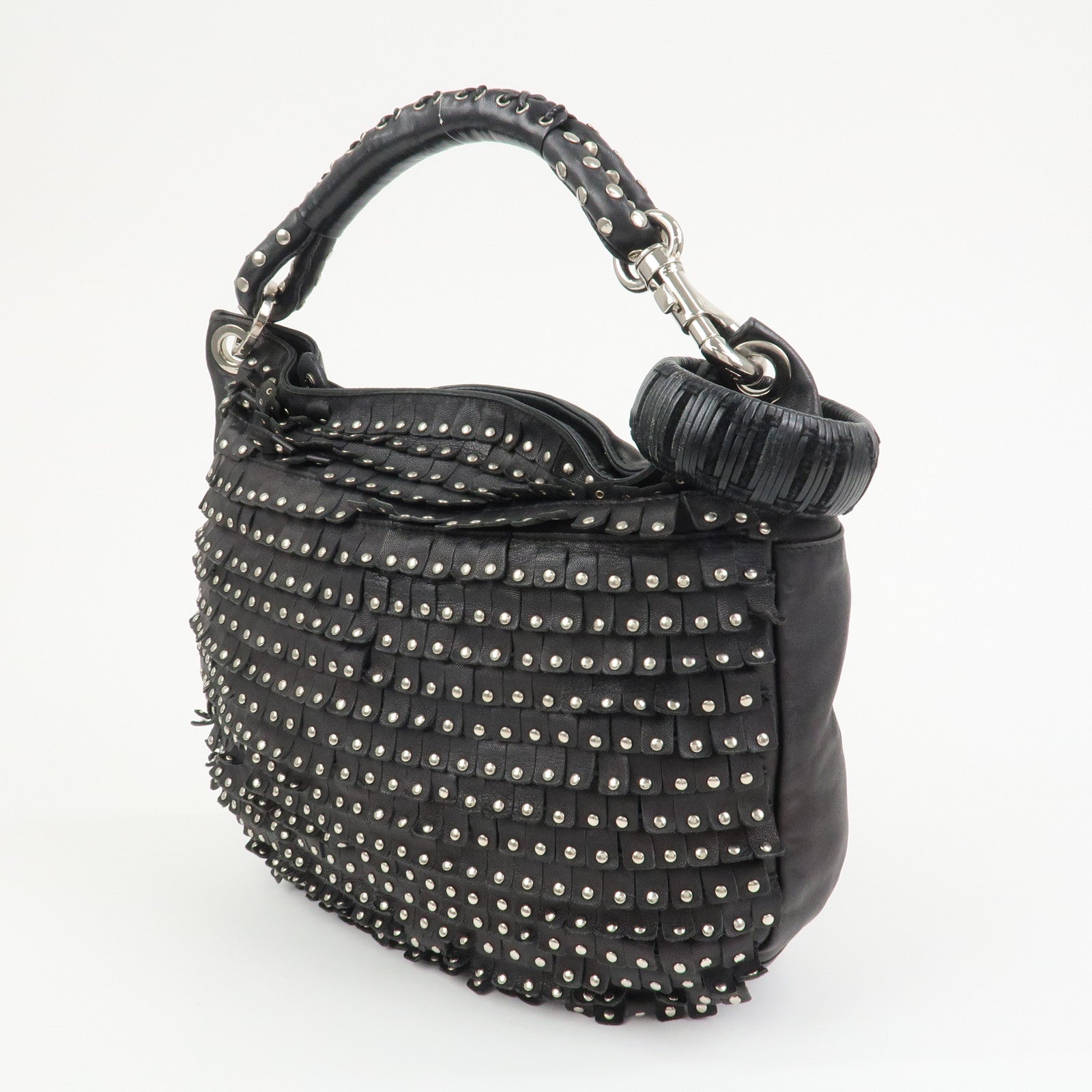 JIMMY CHOO Leather Studs Sky Bag Shoulder Bag Hand Bag Black Silver