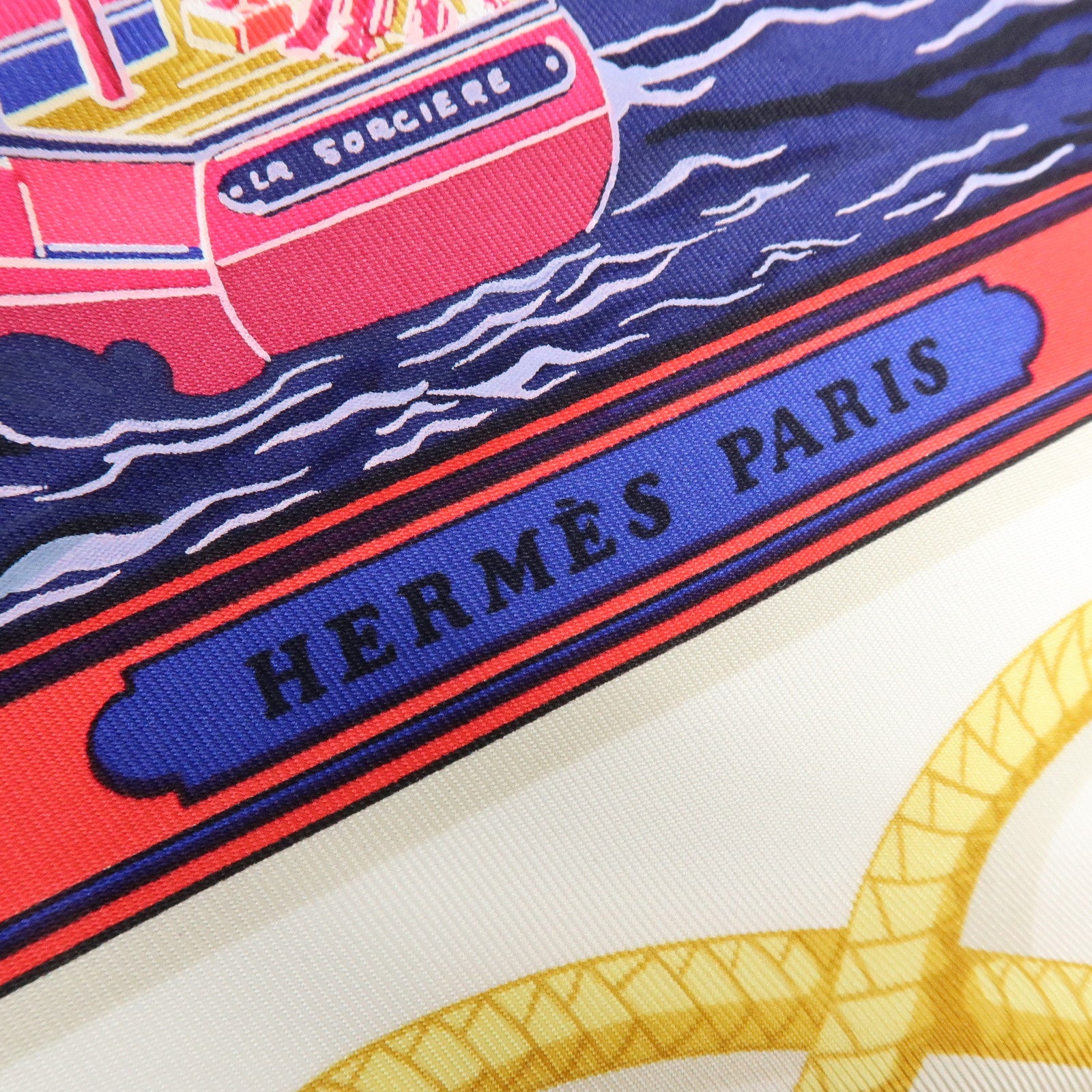 HERMES Carre 90 Silk100% Scarf RETOUR DE PECHE Blue Red Gold