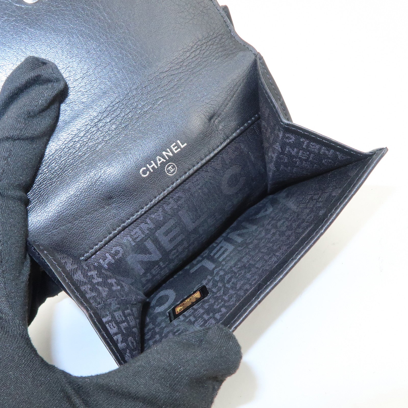CHANEL Logo Matelasse Lamb Skin Bi-fold Wallet Black