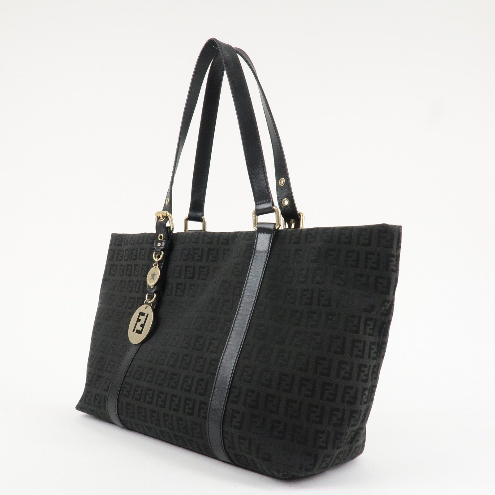 FENDI Zucchino Canvas Leather Tote Bag Shoulder Bag Black 8BH215 Used