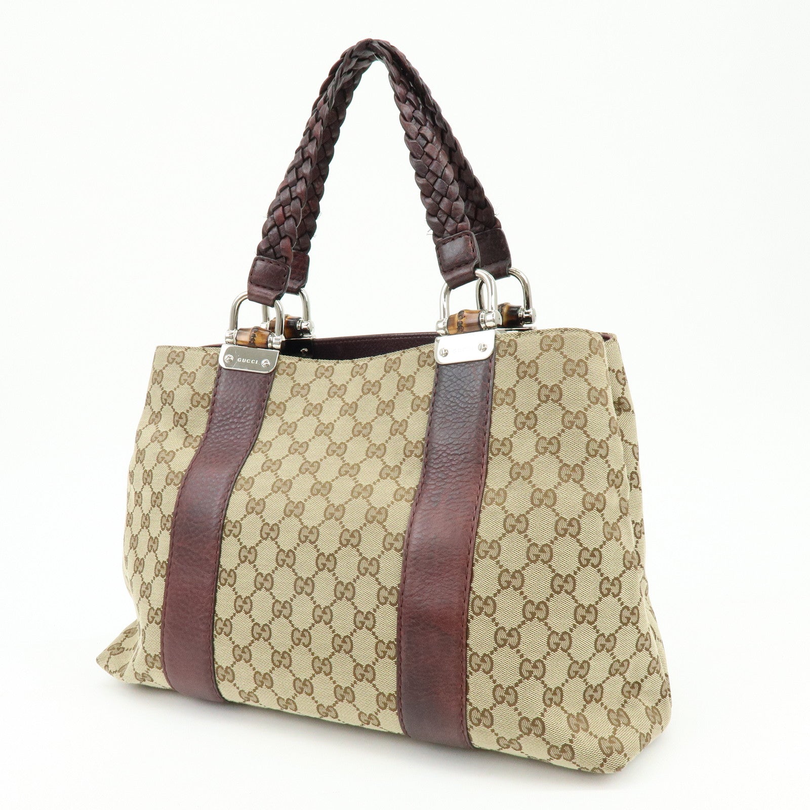 GUCCI Bamboo GG Canvas Leather Tote Hand Bag Beige Purple 232947