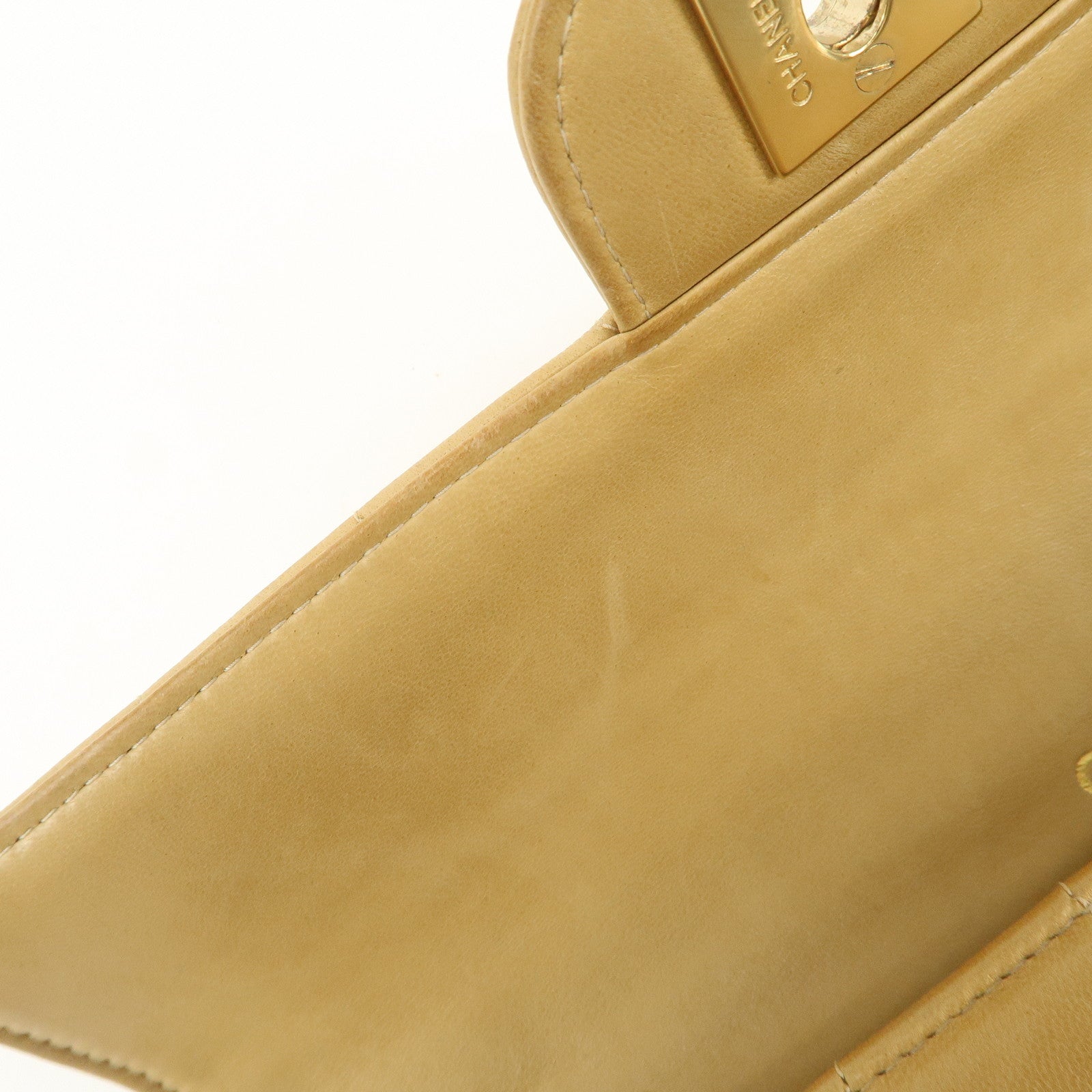 CHANEL Chocolate Bar Lamb Skin Chain Shoulder Bag Beige Gold Used