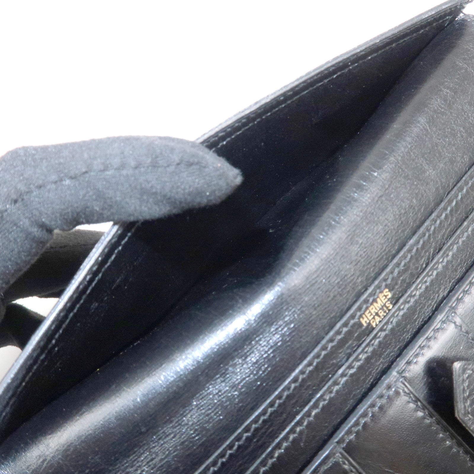 HERMES Box Calf Leather Beant Classic Long Wallet Black