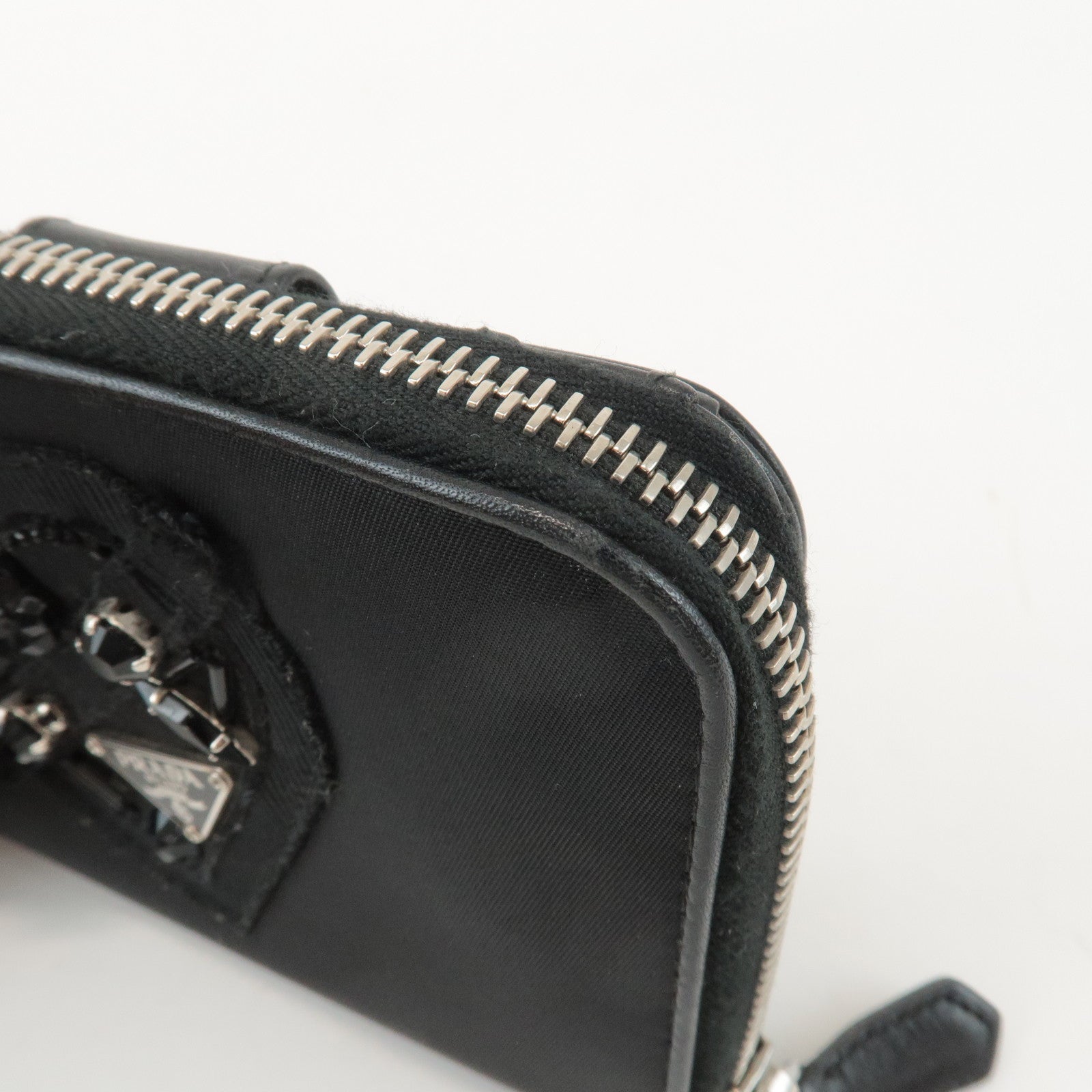 PRADA Logo Leather Round Zip Wallet Bijou Black Used