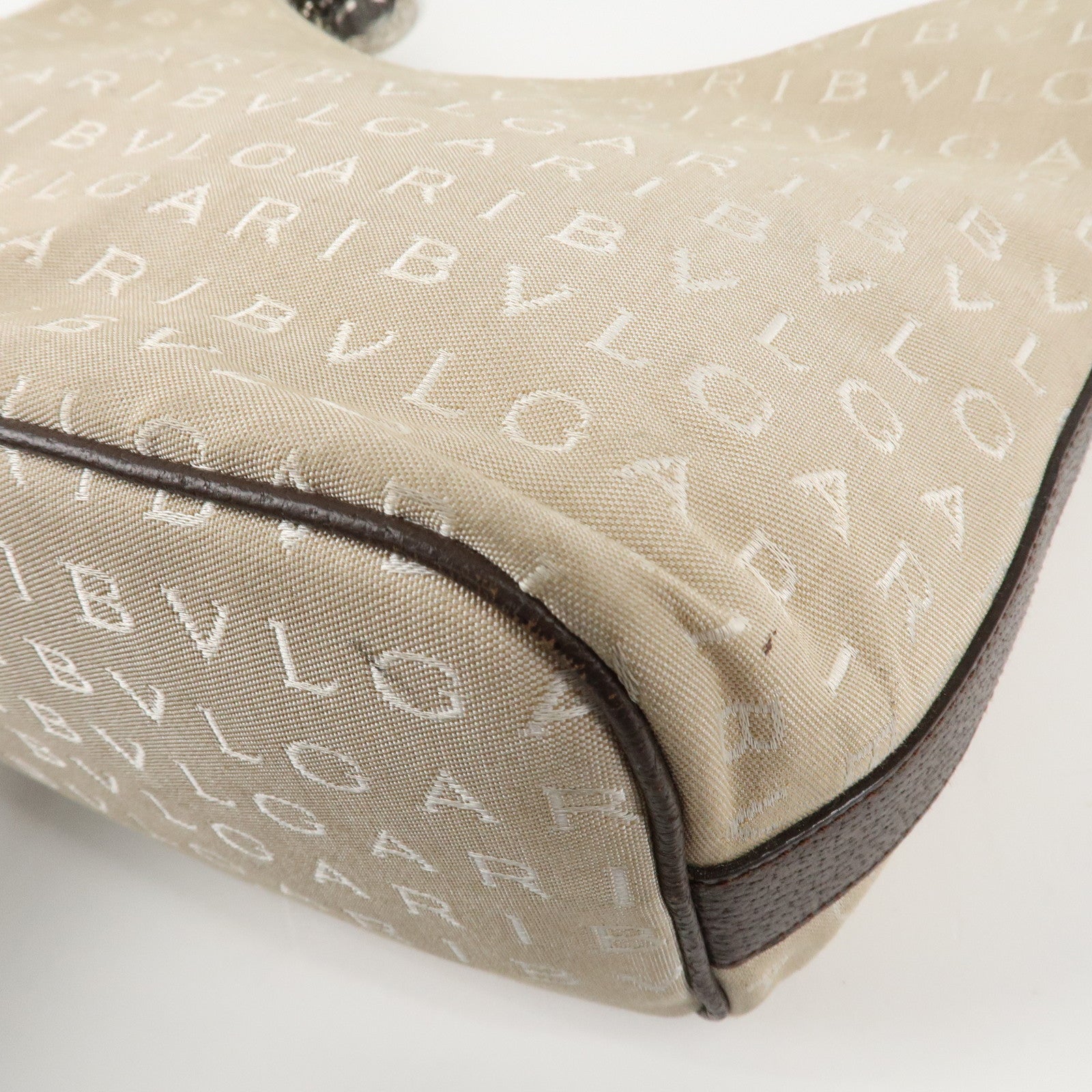 BVLGARI Logomania Canvas Leather Shoulder Bag Beige Dark Brown Used