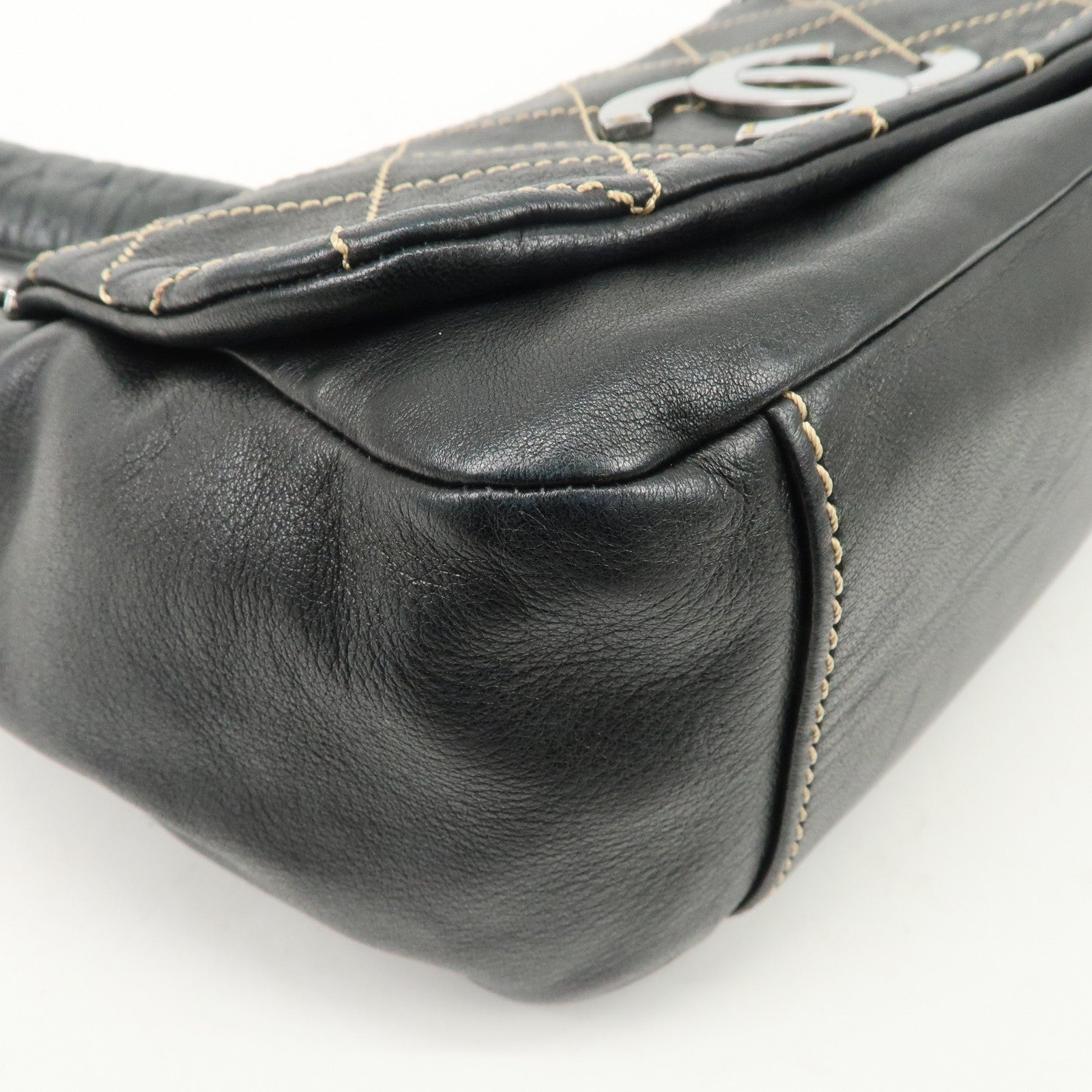 CHANEL COCO Mark Wild Stitch Lamb Skin Chain Shoulder Bag Black Used