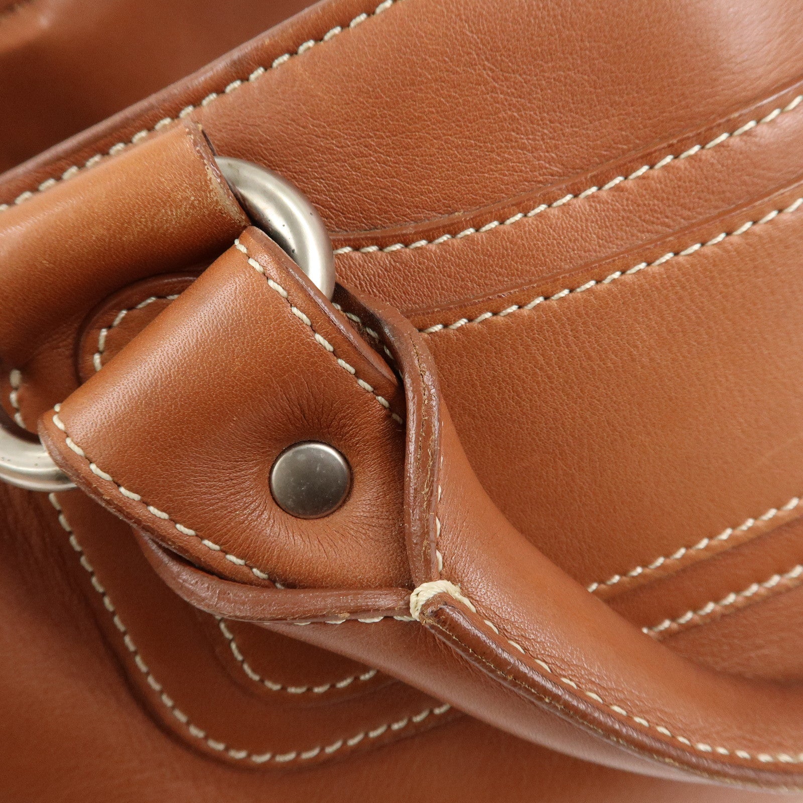 CELINE Leather Triomphe Button Boogie Bag Macadam Engraved Brown Used