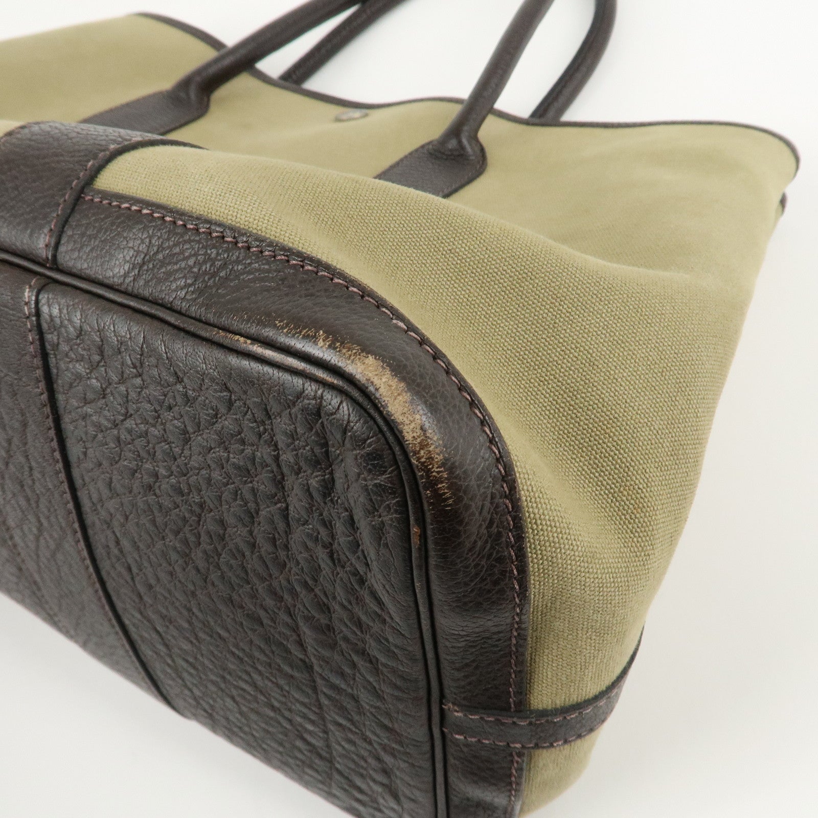 HERMES ToileOfficier Garden Party PM T Stamped Tote Bag Khaki Used