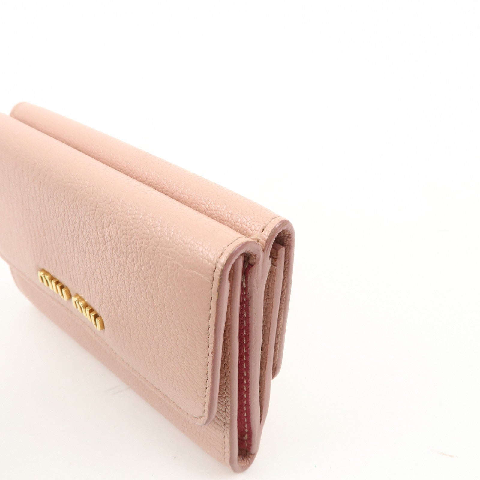 MIU MIU Leather Double Hook Bi-fold Wallet Pink Gold Hardware Used